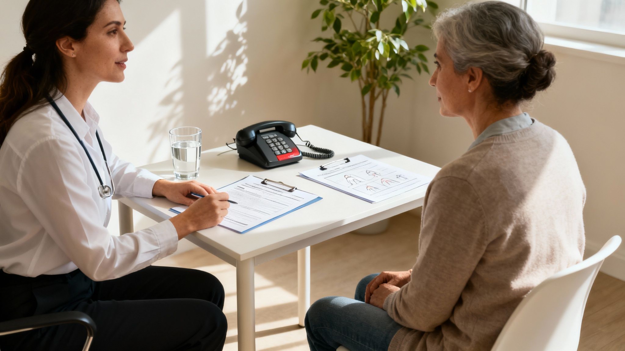 A female doctor consults with an older female patient in a brightly lit office, taking notes.