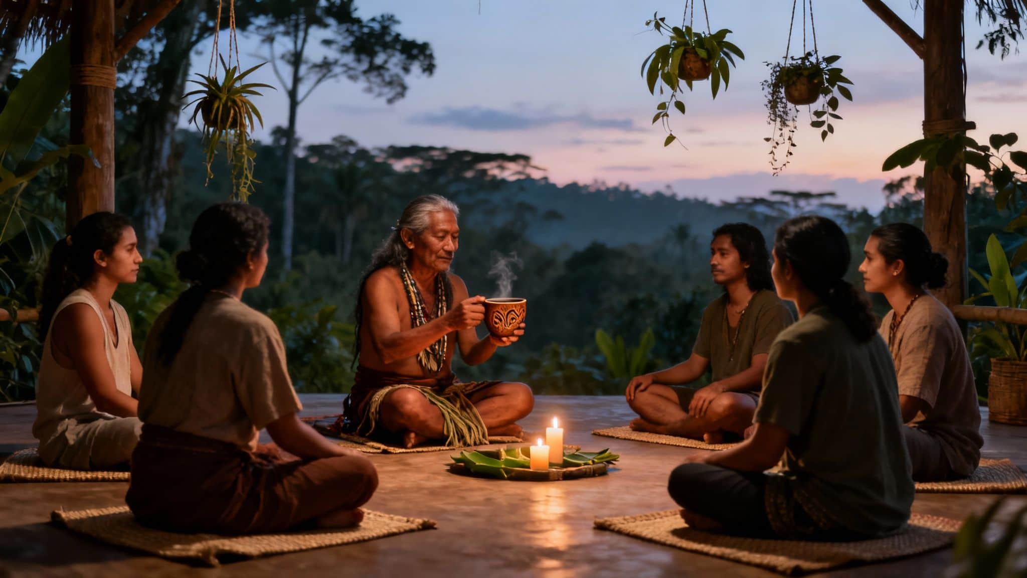 An indigenous elder holds a steaming cup, leading a spiritual ritual with participants in a jungle setting at dusk.