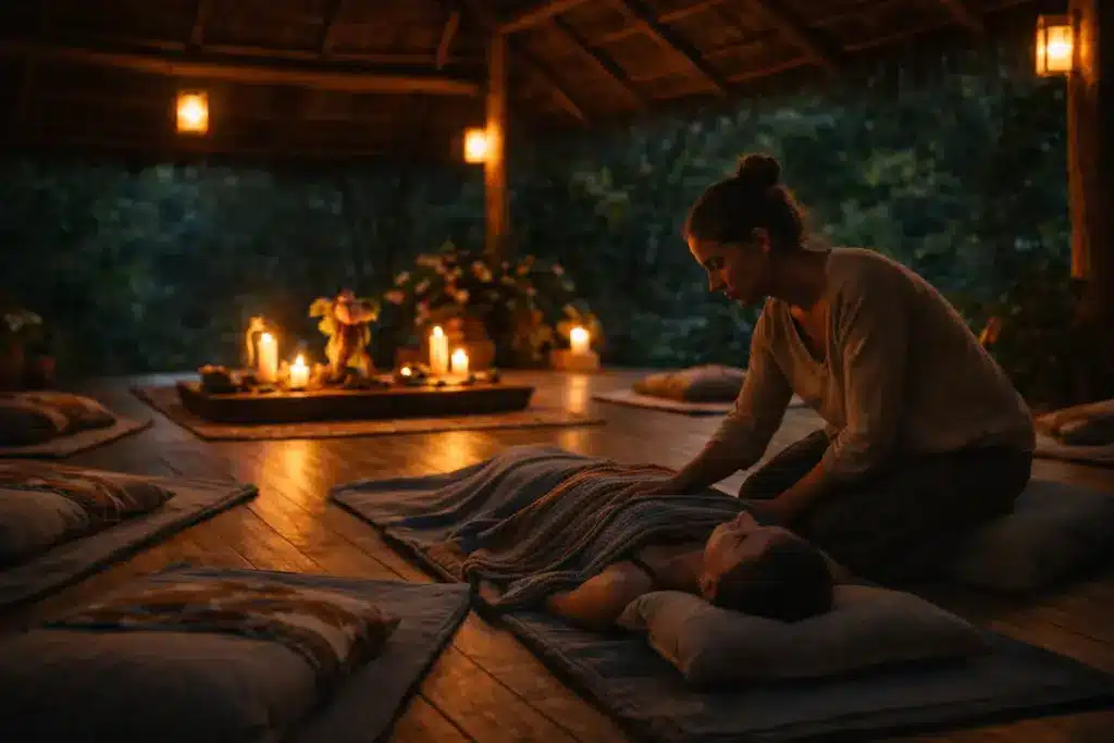 A scenic view of a rustic wooden shack and a modern retreat welcome center with a path.