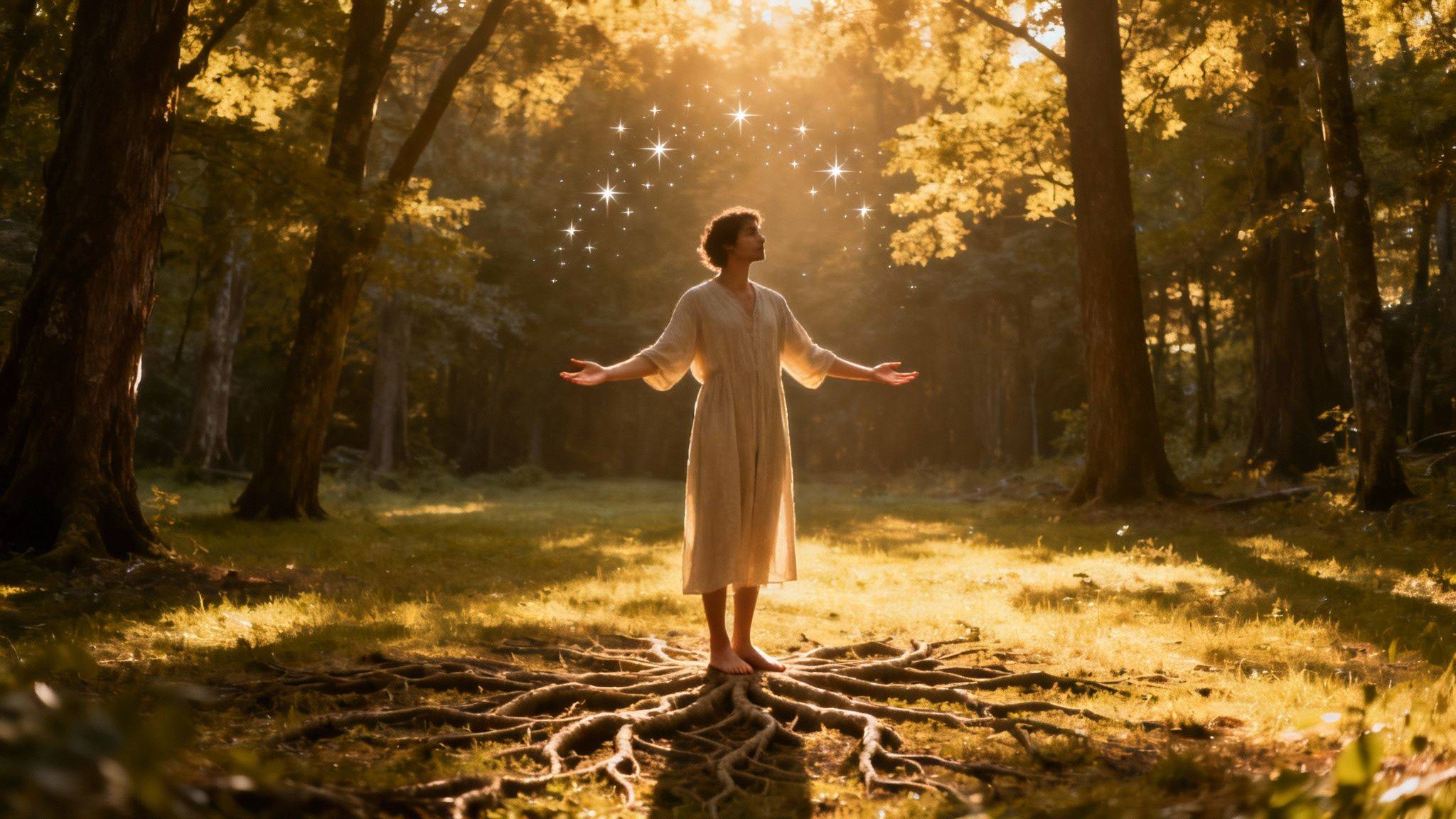 A person with outstretched arms stands on tree roots in a sunlit forest, surrounded by shimmering stars.
