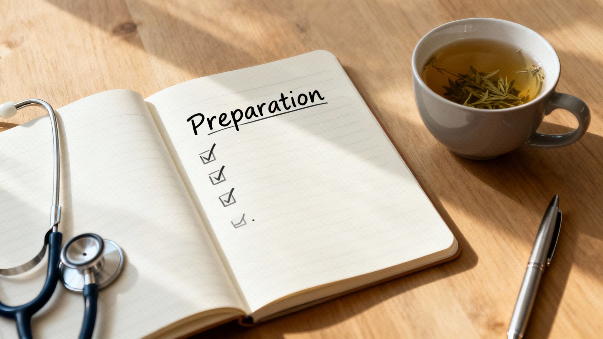 An open notebook with a 'Preparation' checklist, stethoscope, herbal tea, and pen on a wooden desk.