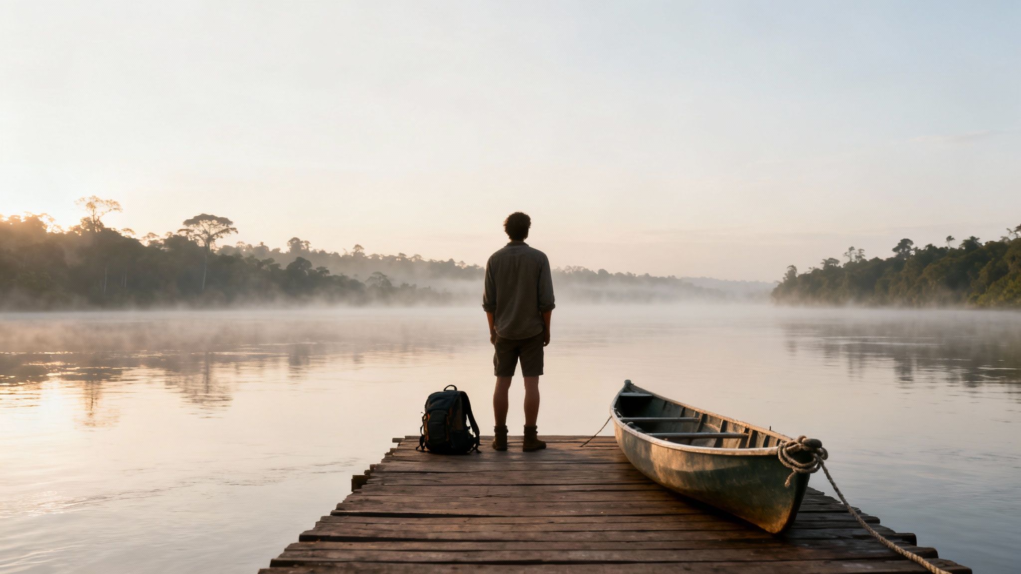 A man on a wooden dock looks at a misty river and jungle at sunrise, with a canoe and backpack.