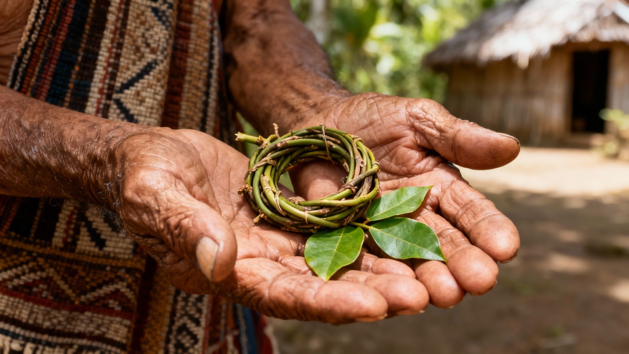 Weathered hands of an indigenous person holding a vine wreath and green leaves.