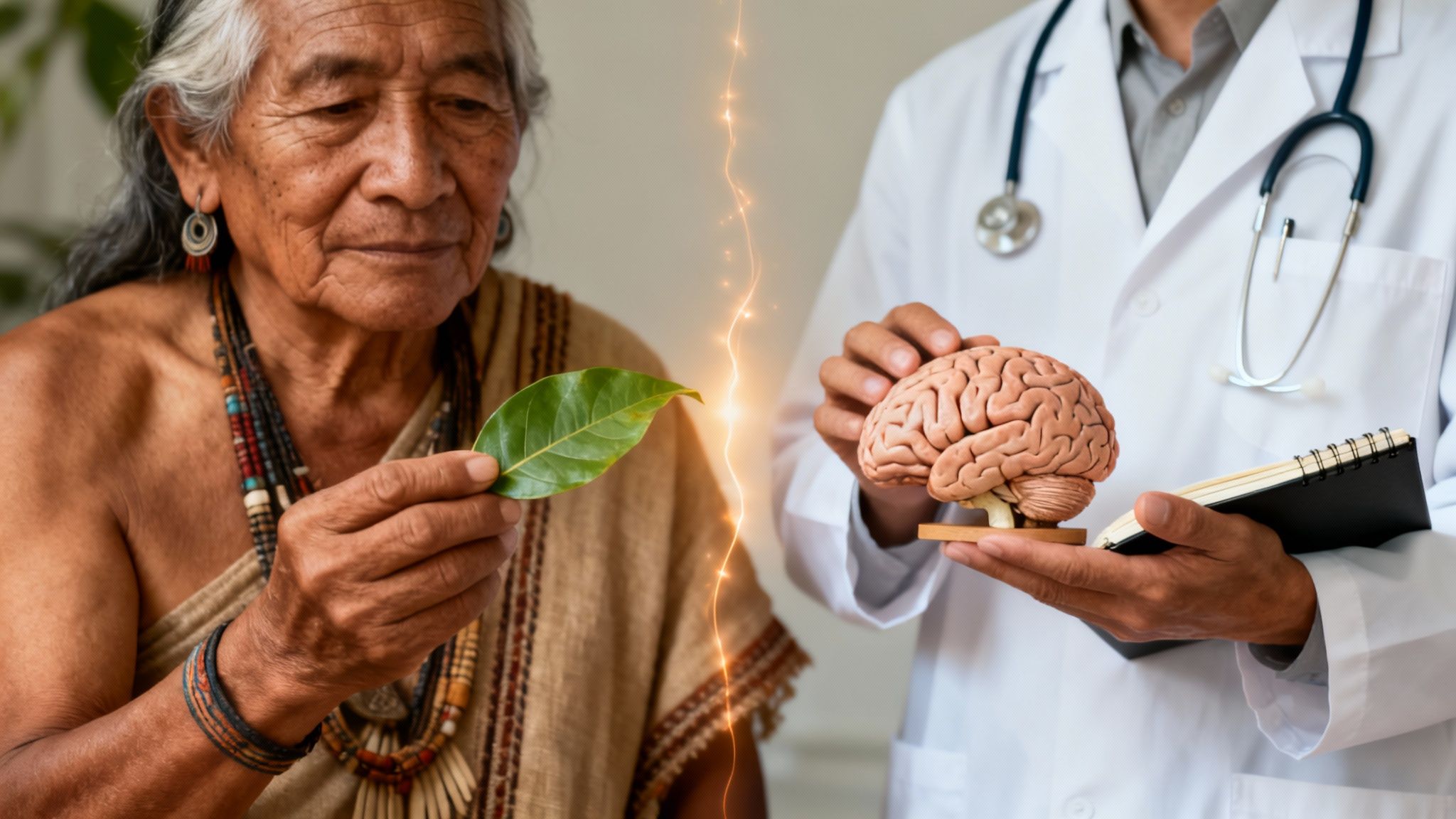Elderly indigenous person holding a leaf, doctor with a brain model, symbolizing healing comparison.