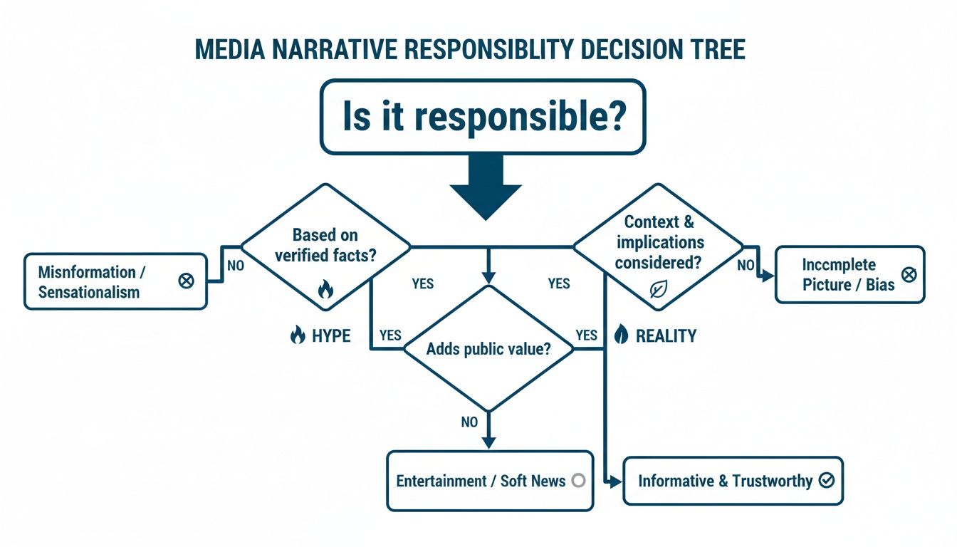 Decision tree on media narrative responsibility, evaluating facts, context, and public value for responsible reporting.