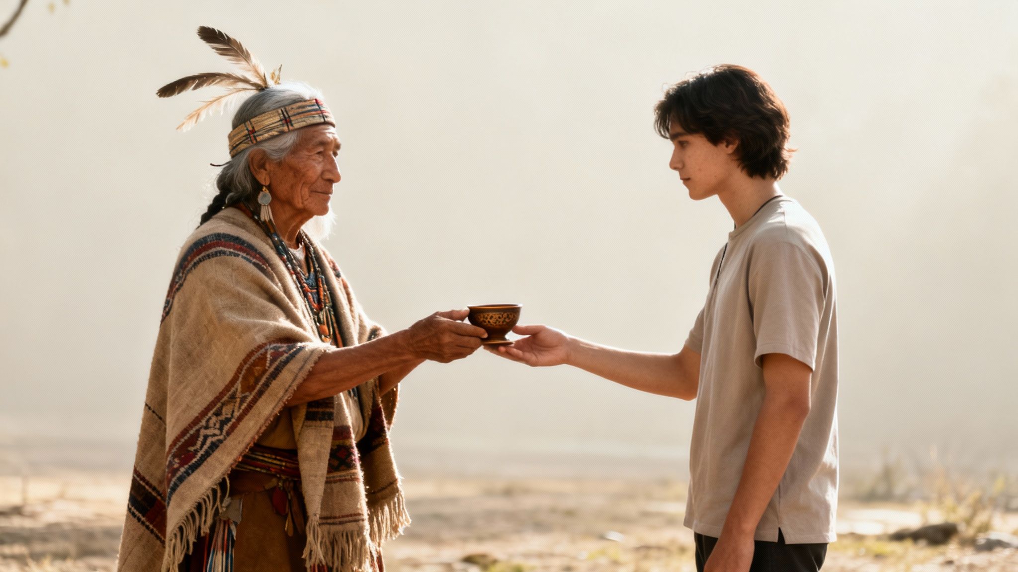 An Indigenous elder in traditional attire offers a ceremonial bowl to a young man.