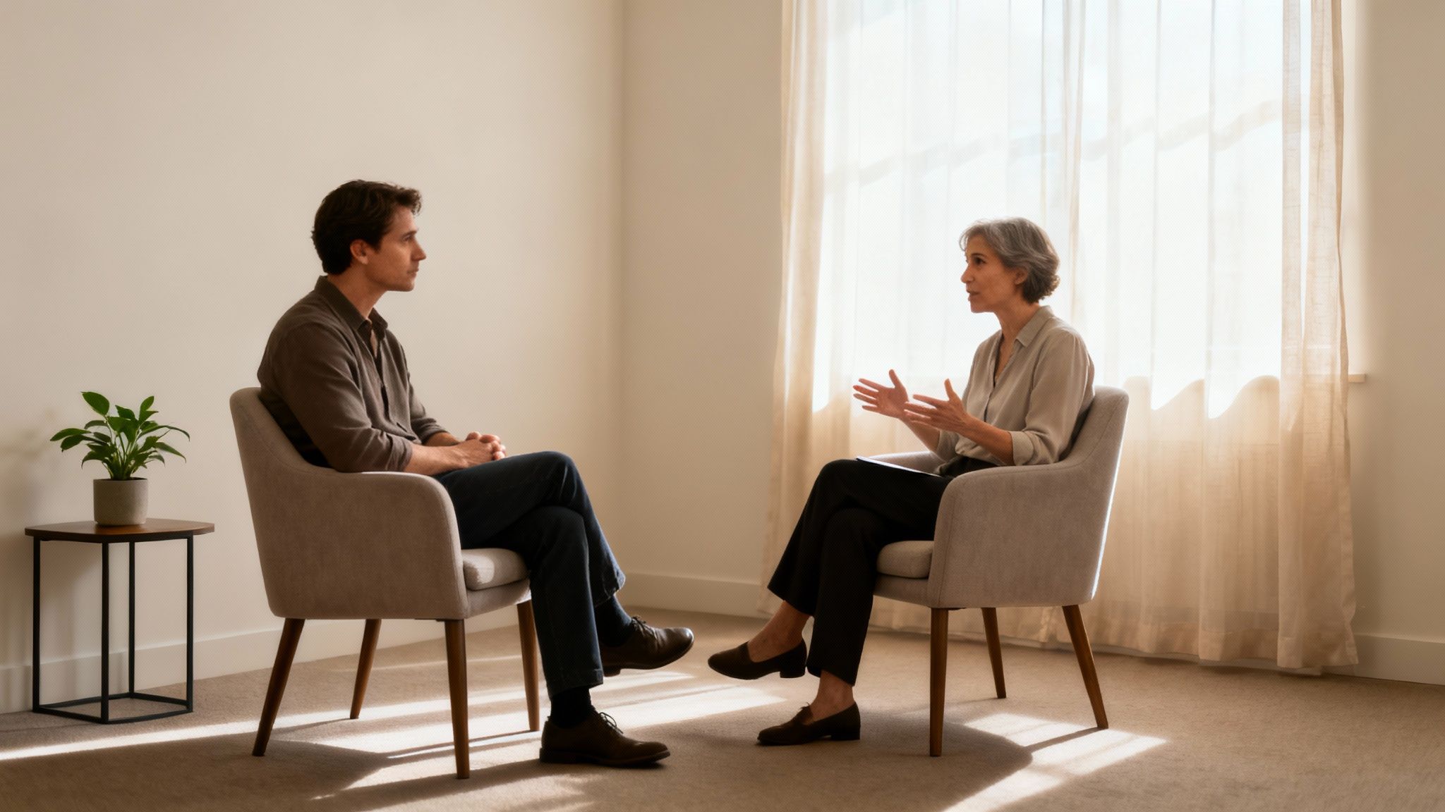 A man and a woman sit facing each other, engaged in a professional counseling session.