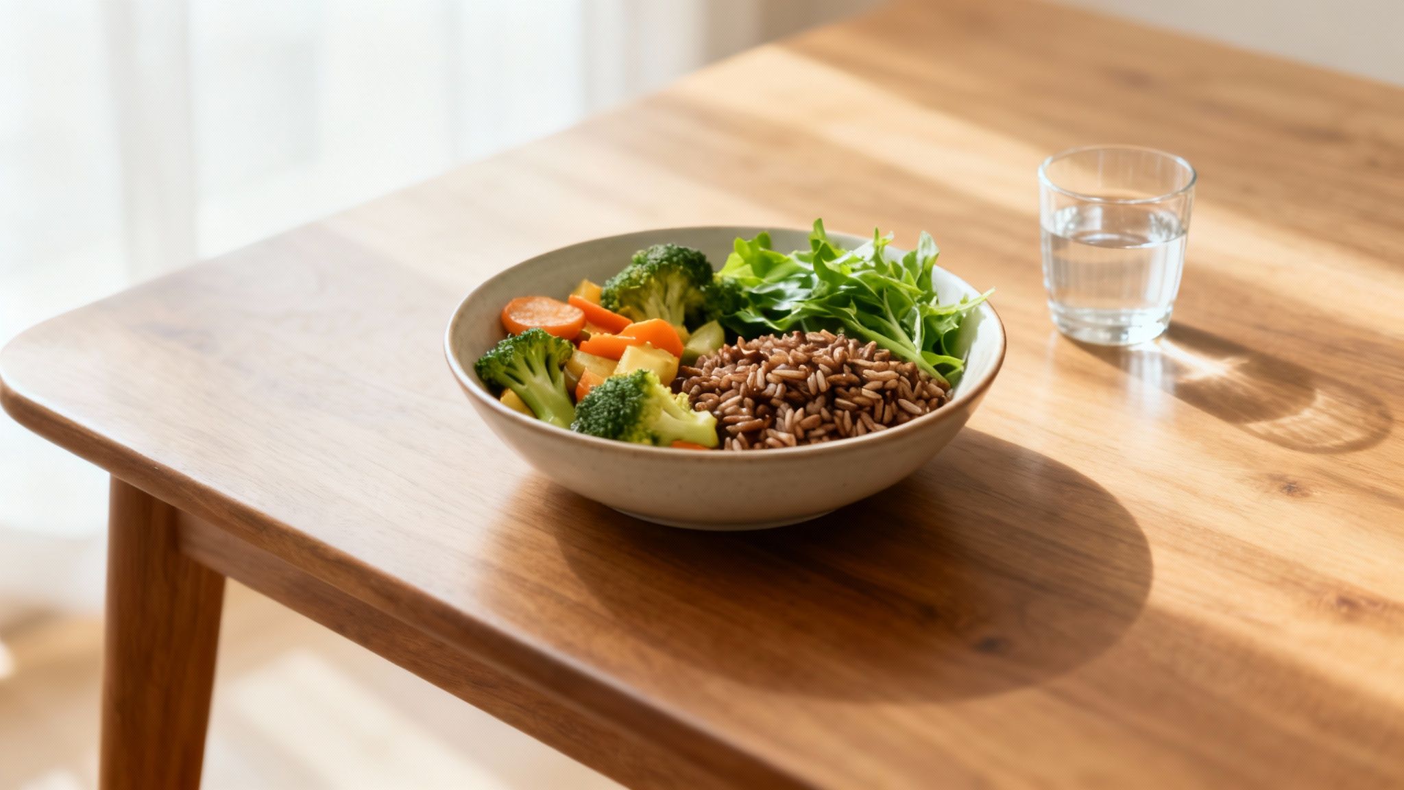 A vibrant bowl of brown rice, broccoli, carrots, and arugula, with a glass of water on a wooden table.