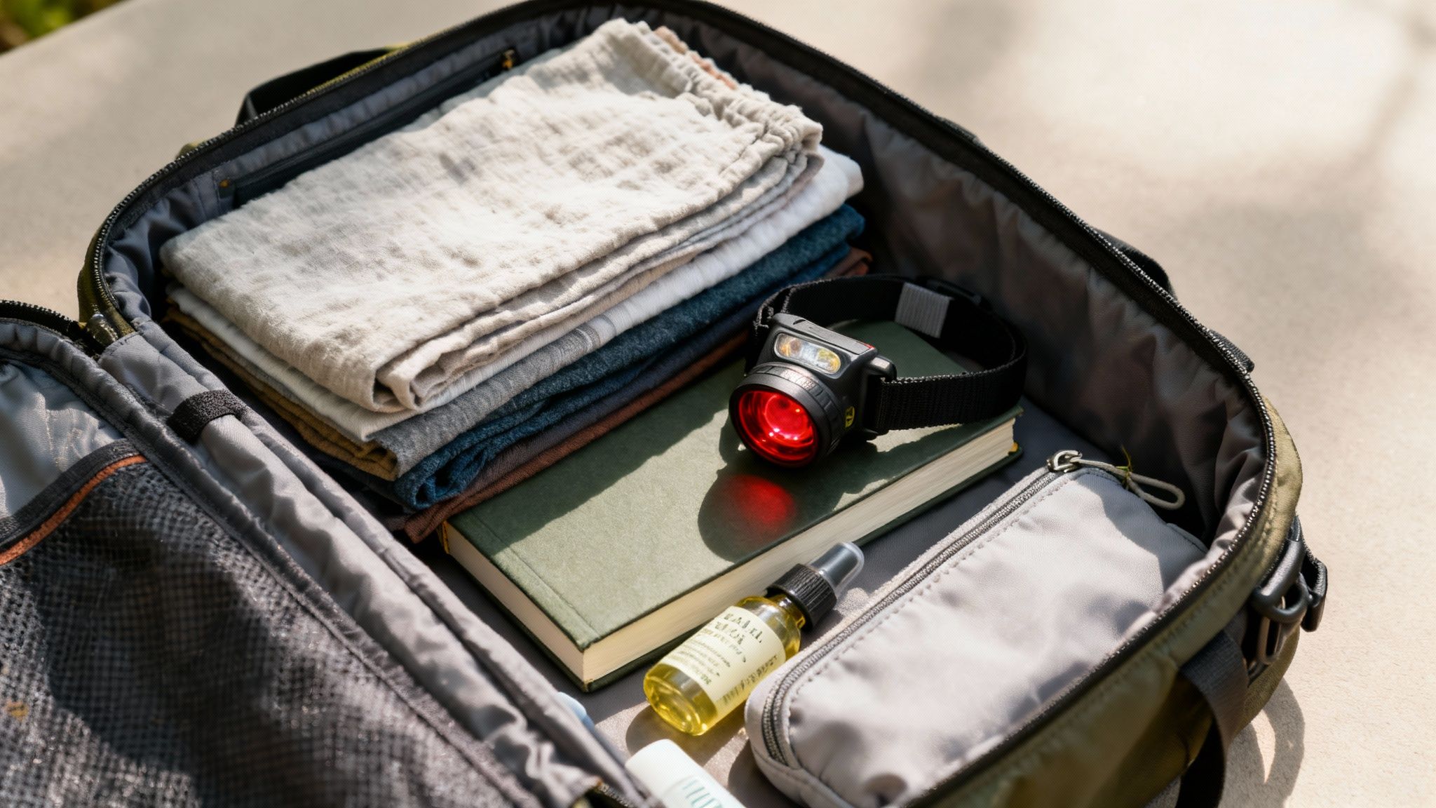 An open travel bag packed with neatly folded clothes, a book, a headlamp, and toiletries.