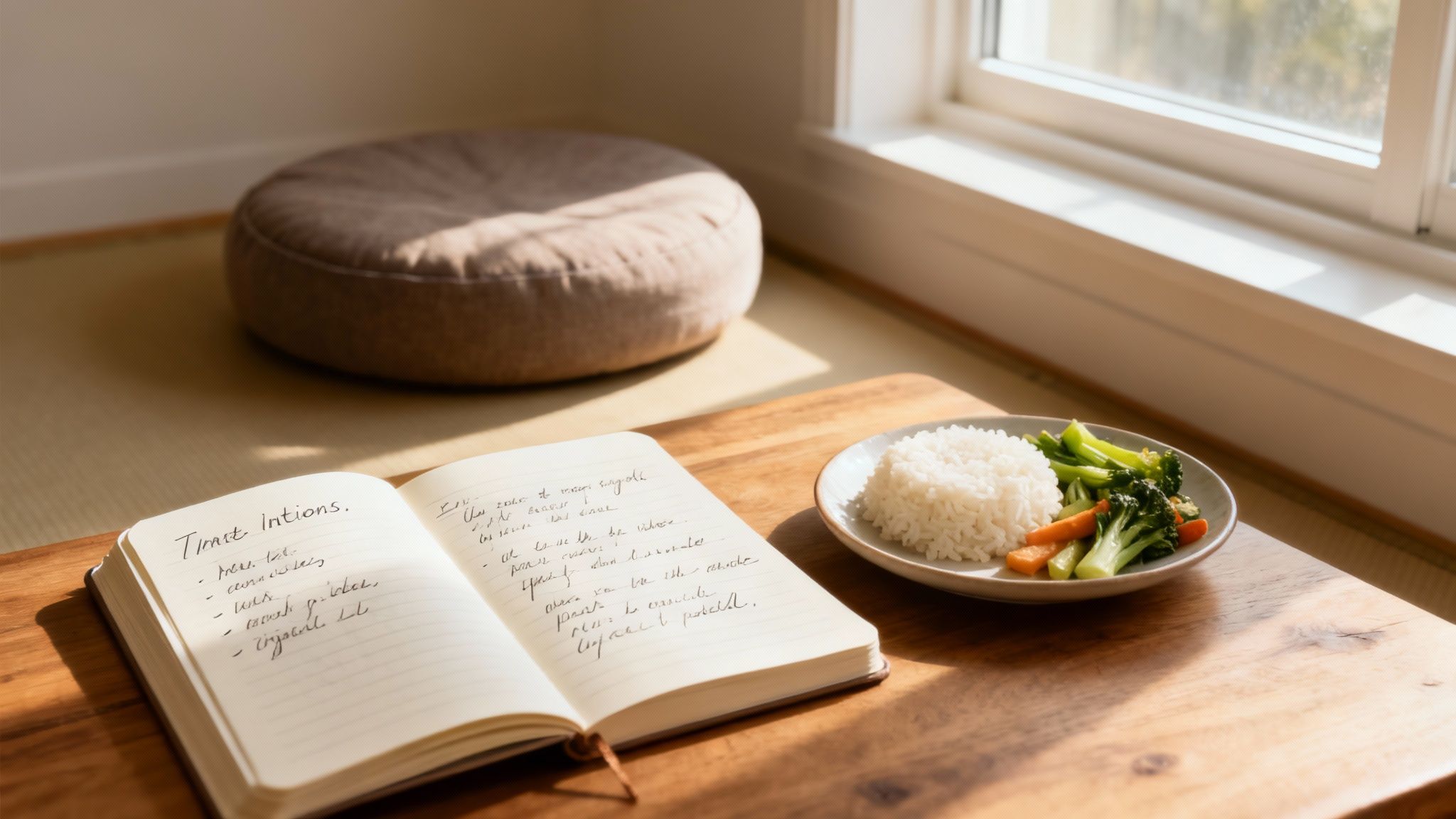 A mindful scene with a notebook, healthy meal, and meditation cushion by a sunlit window.