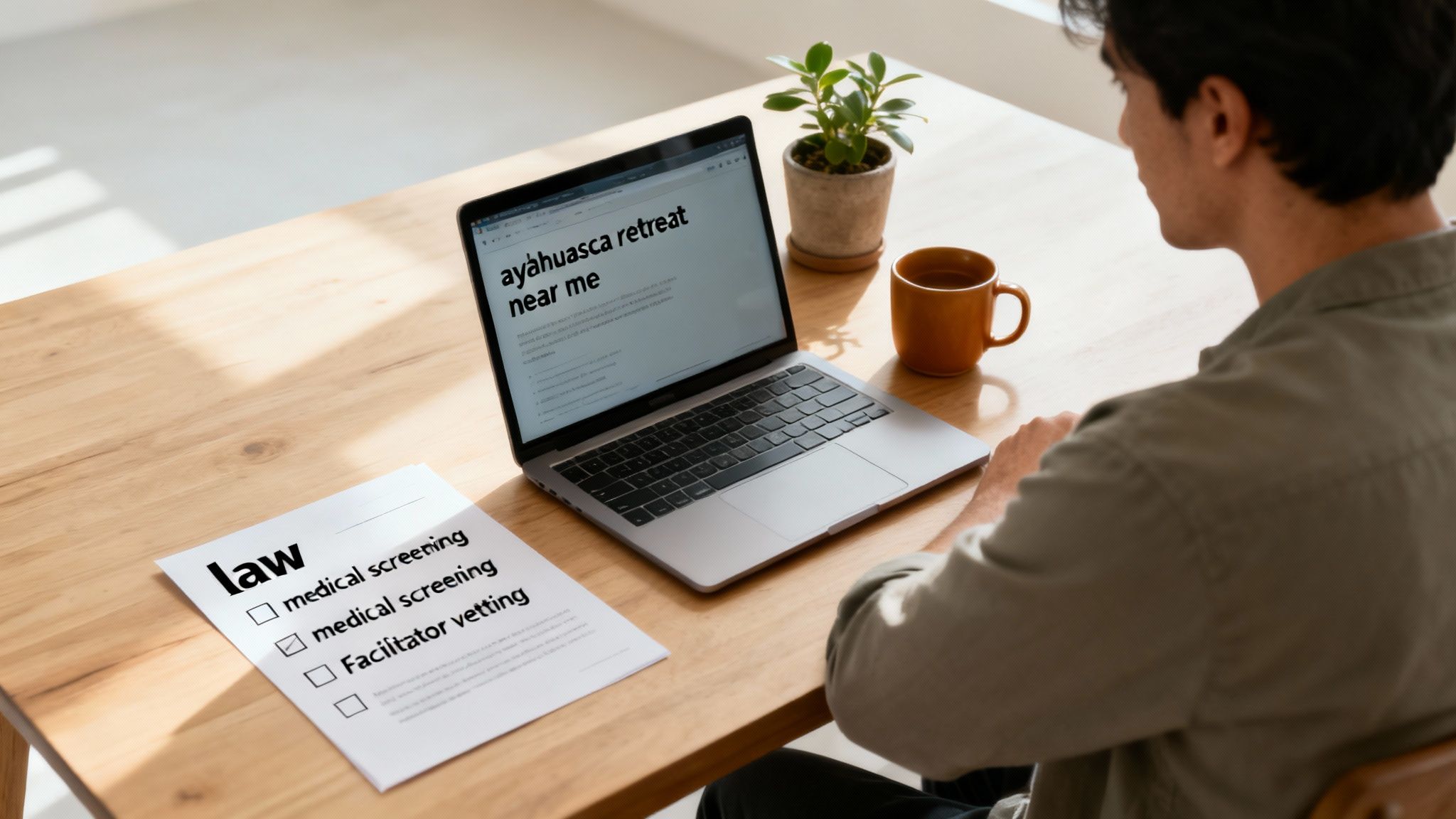 A man searches for 'ayahuasca retreat near me' on a laptop, with a legal checklist on the table.
