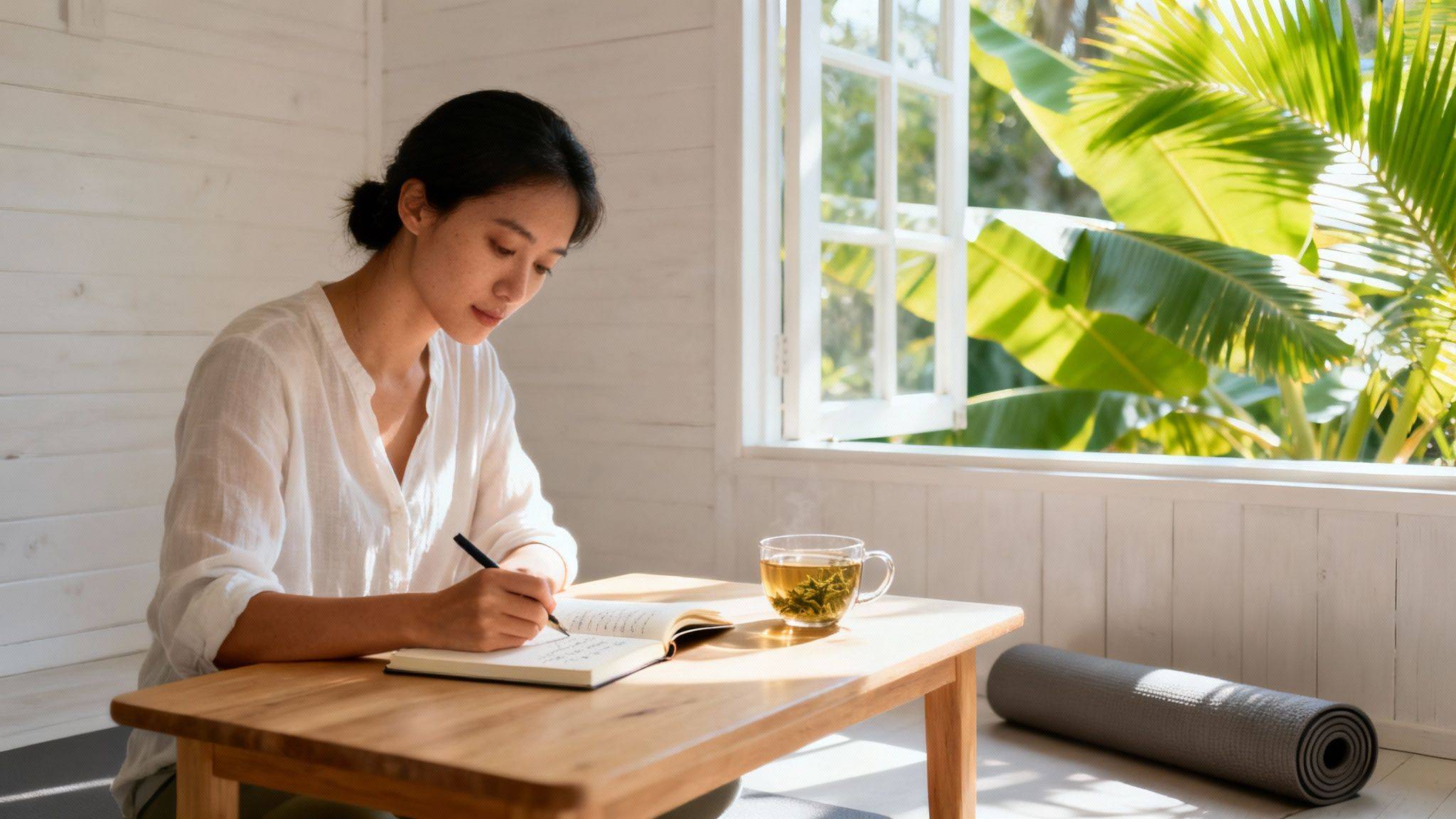 Young woman writing in a journal at a wooden table with tea, overlooking tropical plants.