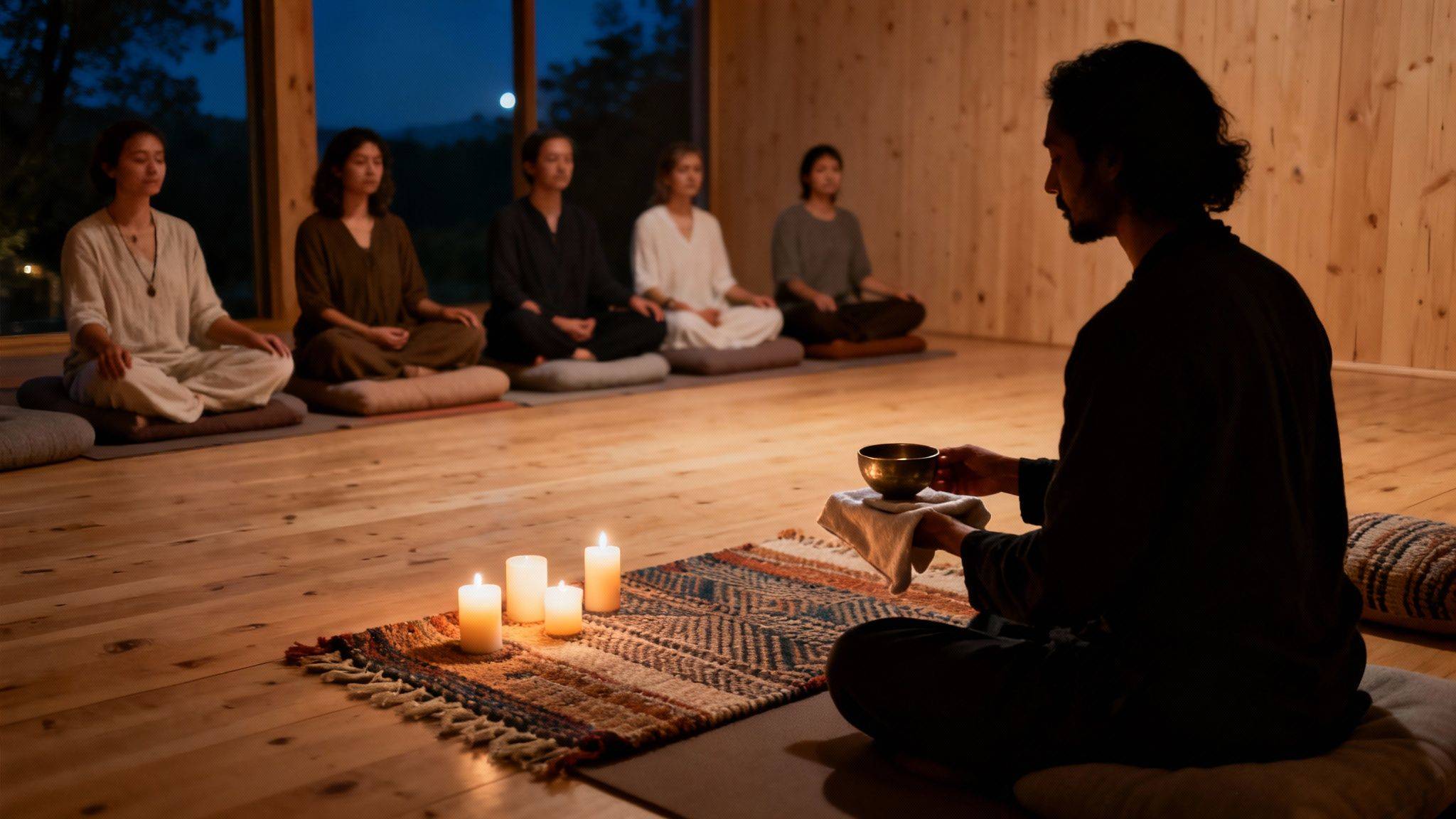 People meditate in a serene room with candles and a singing bowl, led by a guide.