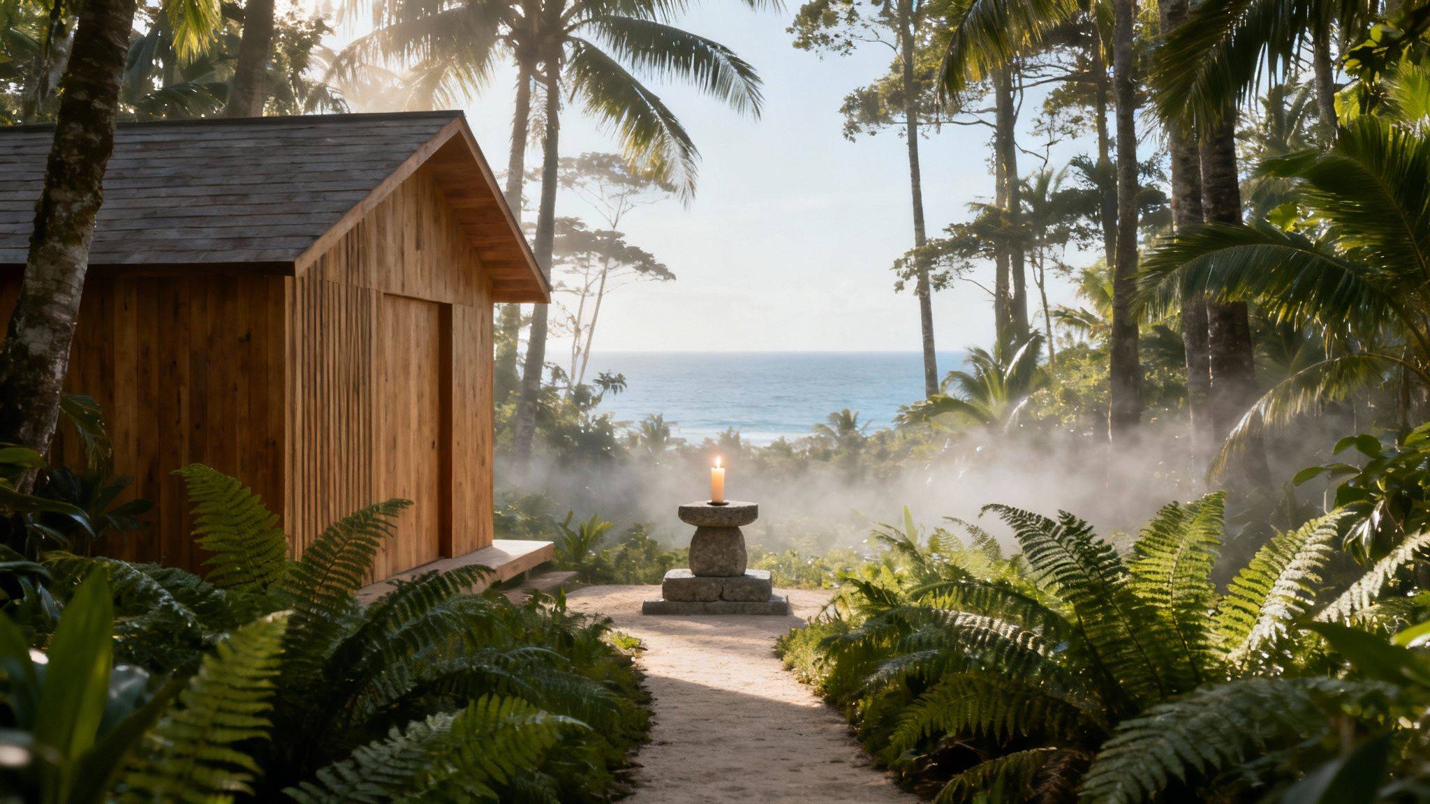 A serene wooden cabin and candle-lit stone stand on a misty path leading to the ocean through tropical foliage.
