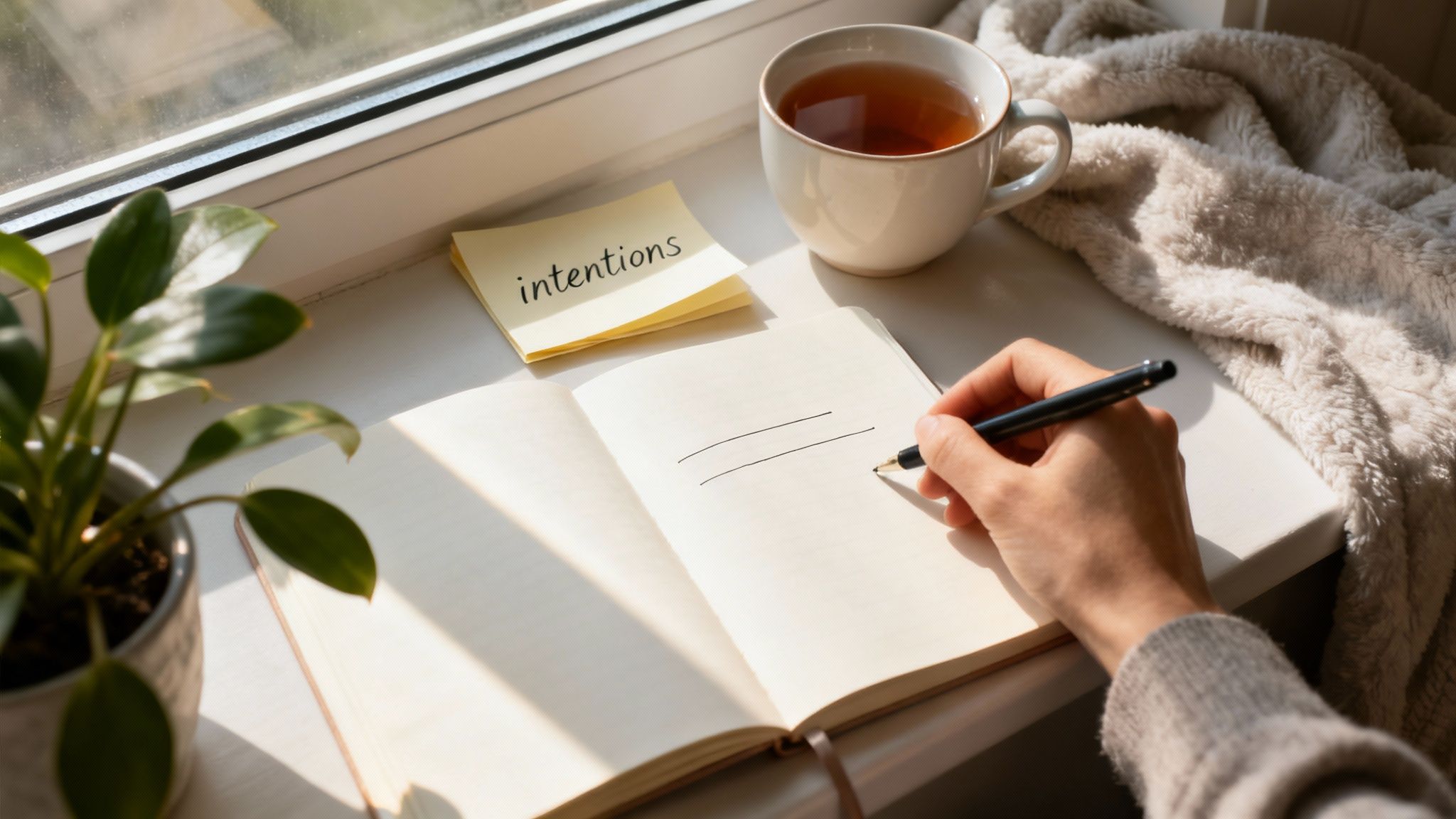 Person writing intentions in a notebook with a pen, tea, and plant by a sunny window.