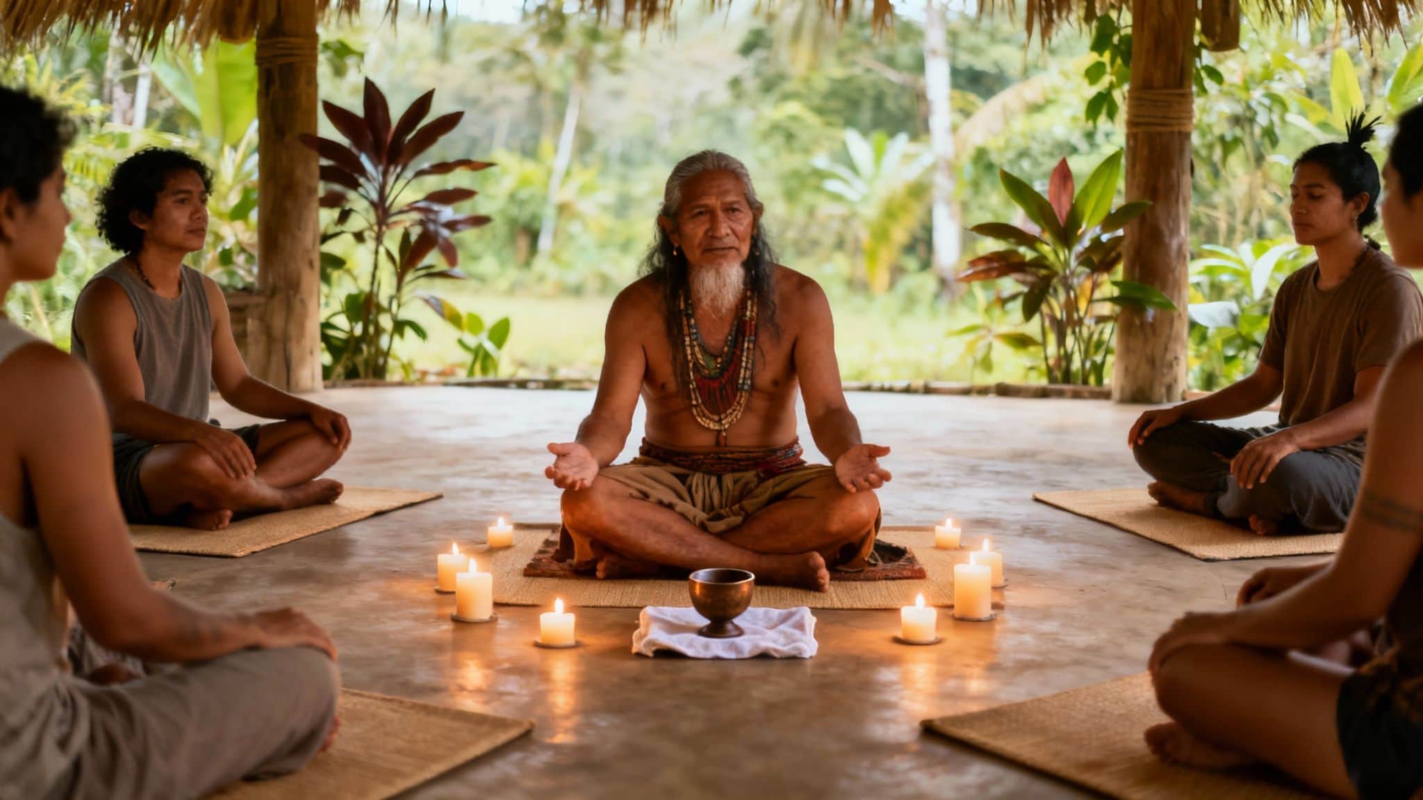 An elder shaman leads a meditation ceremony with participants in a lush outdoor setting.