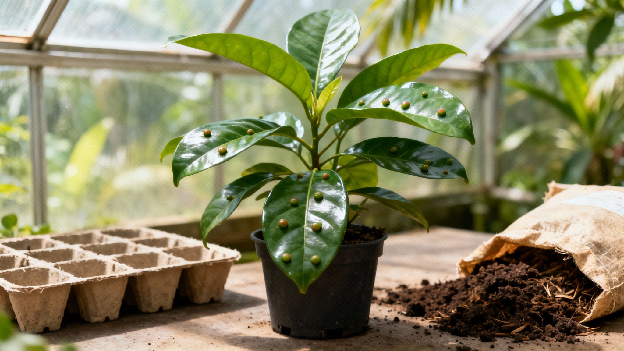 A plant with galls on its leaves, a seed tray, and soil in a sunlit greenhouse.