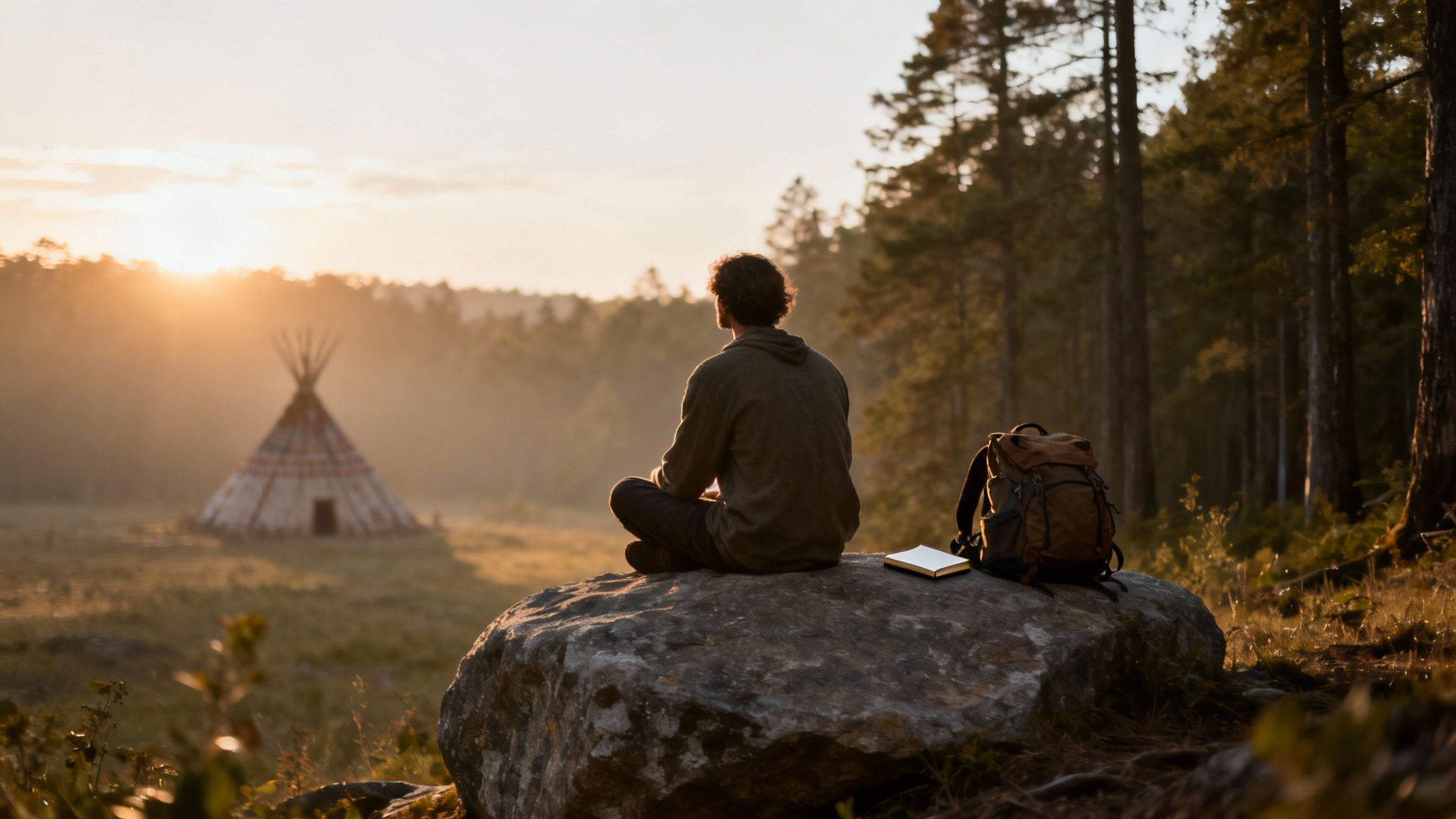 Person sitting on a rock, looking at a distant teepee in a foggy forest at sunrise.