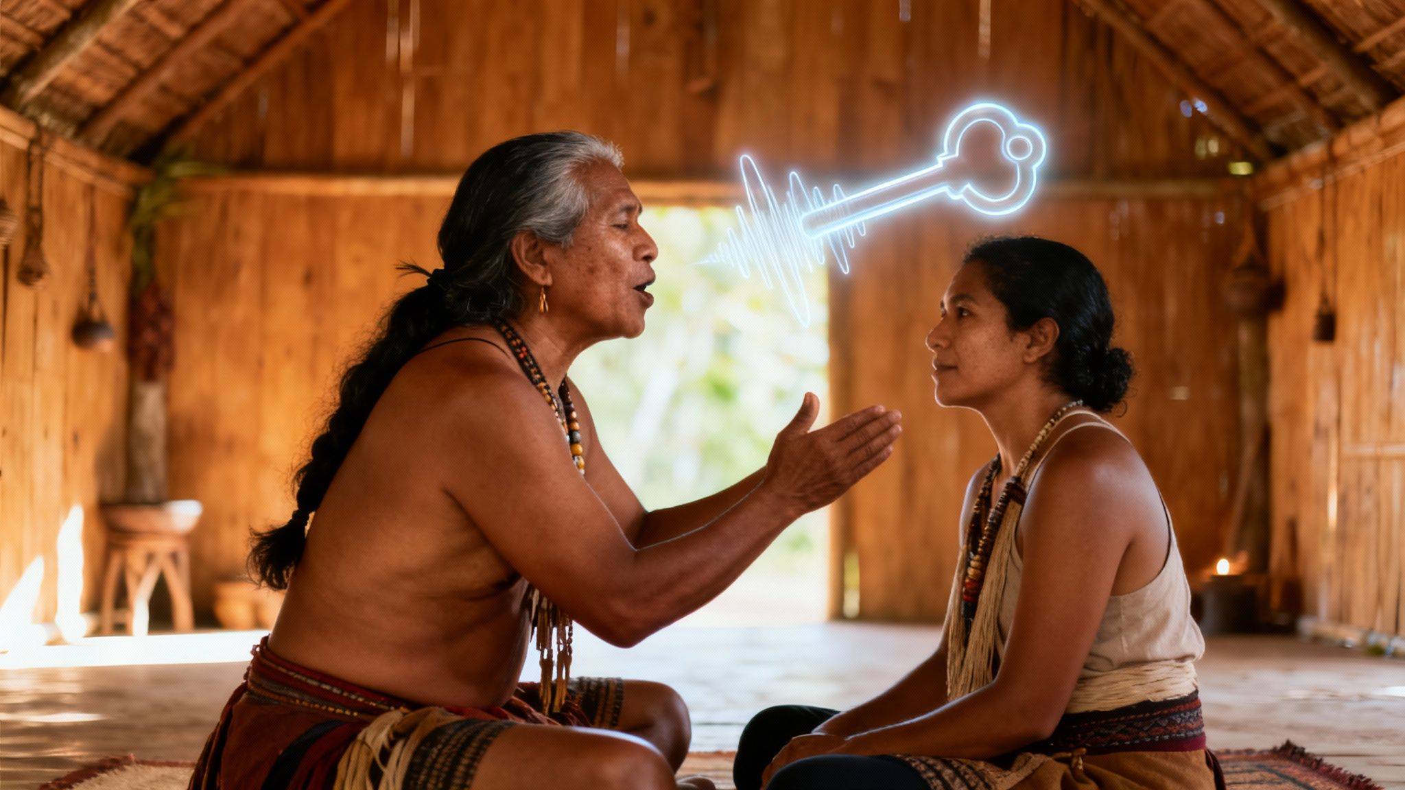 An icaros indigenous person shares wisdom with a younger person, symbolized by a glowing key and soundwave.