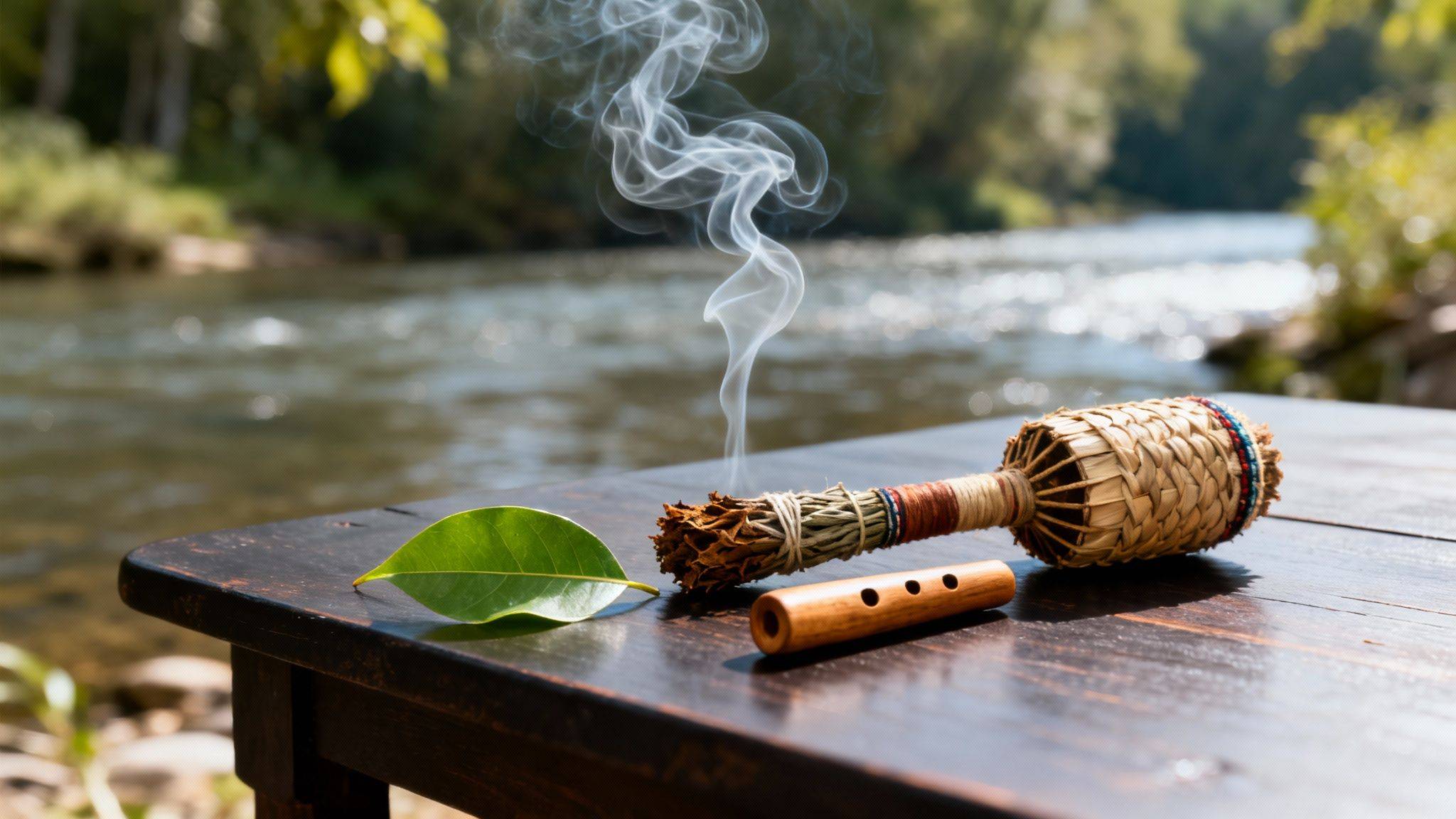 Sacred tools on a wooden table by a flowing river: burning sage, flute, rattle, and a green leaf.