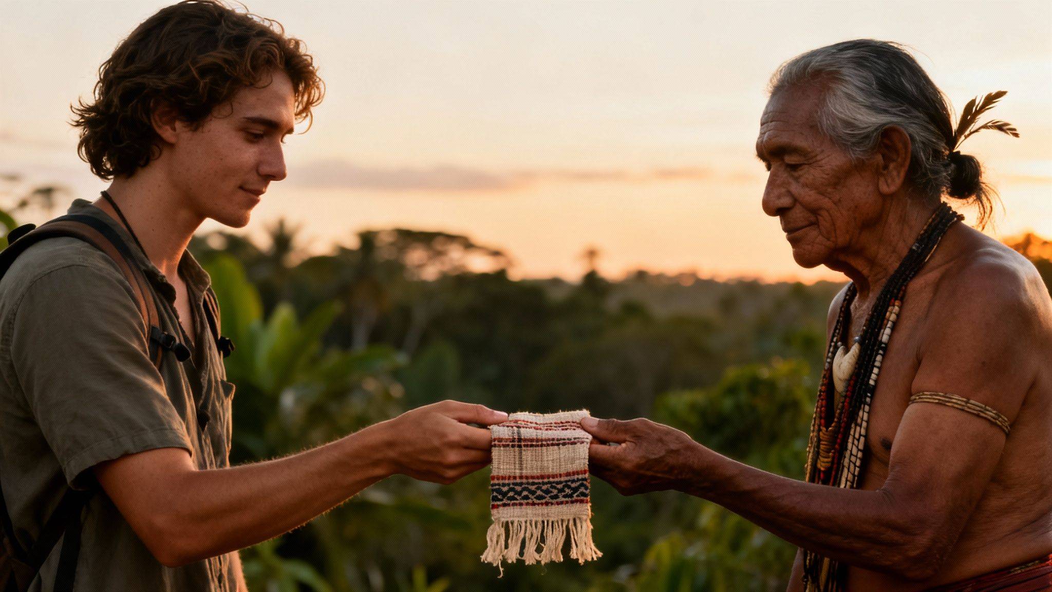A young man and an older indigenous man exchange a woven textile at sunset.