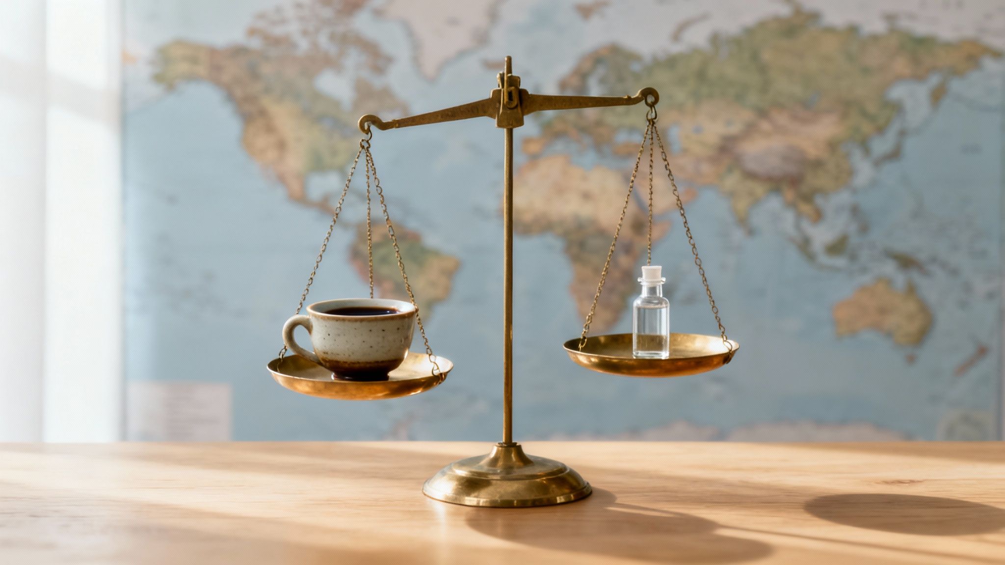 A balanced brass scale with a coffee cup on one side and a clear liquid bottle on the other, against a world map.