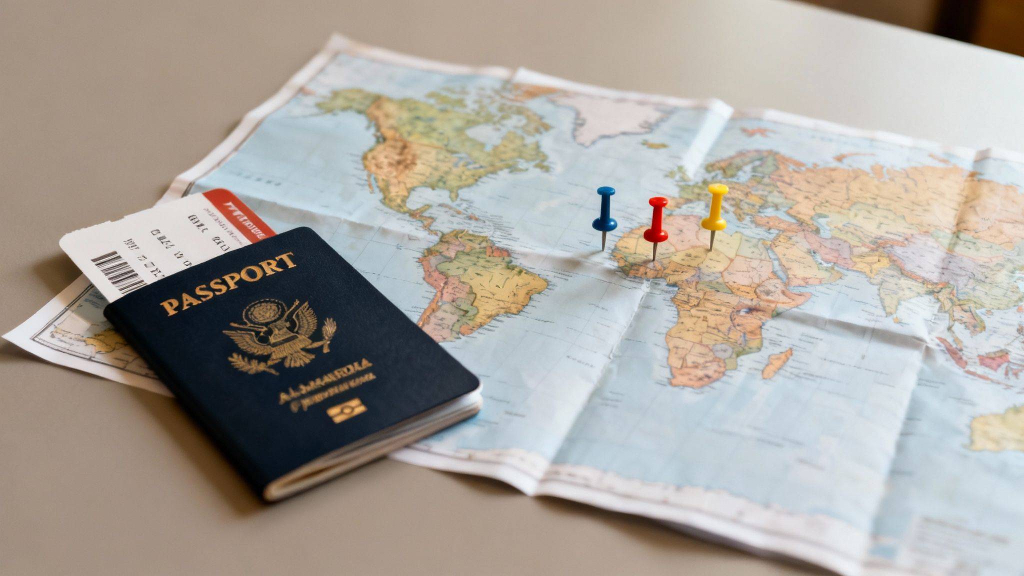 A US passport and boarding pass resting on a world map with colorful pushpins marking destinations.