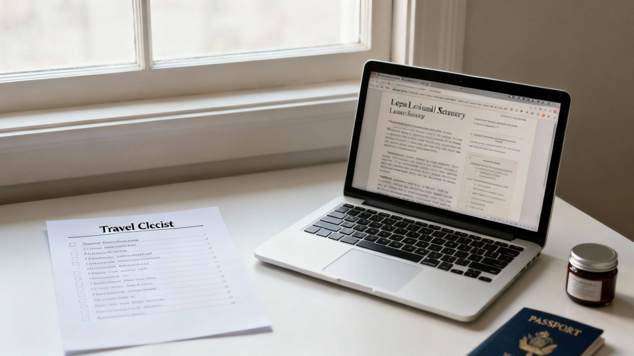 A laptop, travel checklist, and passport on a white desk next to a window.