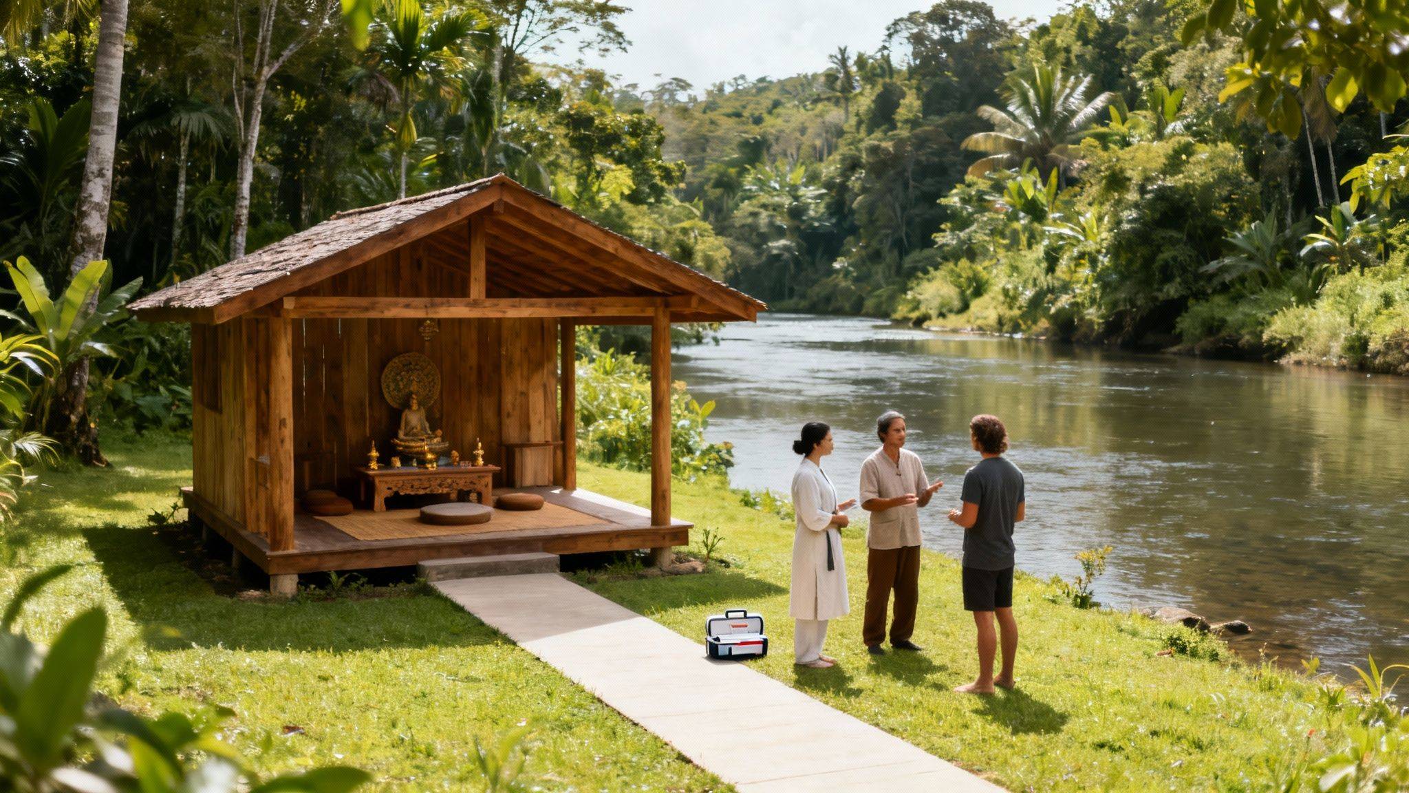 Three people converse by a river near a wooden Buddha meditation hut in a lush jungle.
