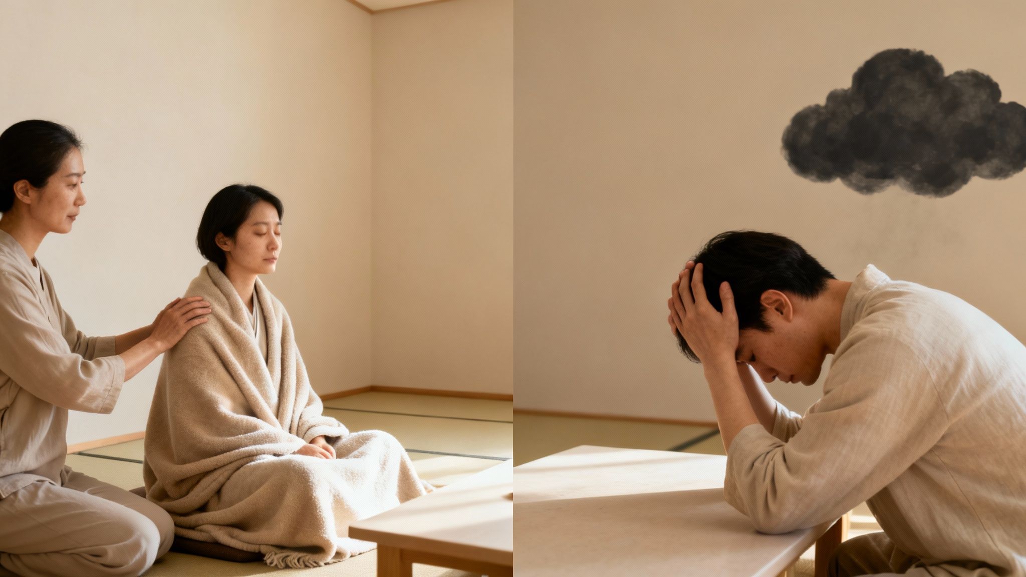 A side-by-side image showing therapeutic comfort and a man experiencing mental distress.