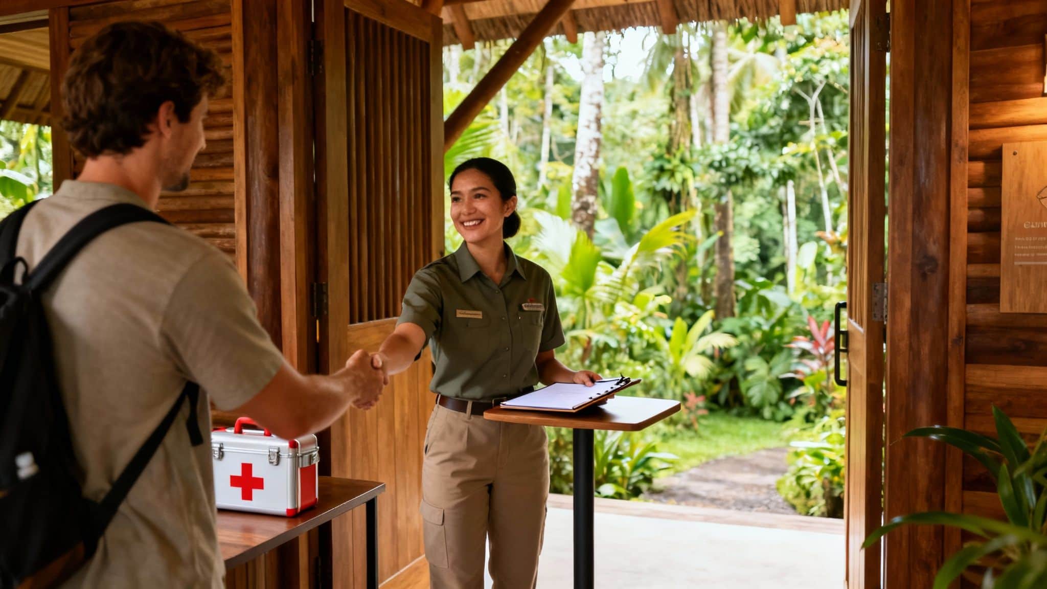 A man and woman shake hands at a jungle resort entrance, with a first aid kit nearby.