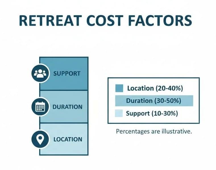A diagram titled 'Retreat Cost Factors' detailing support, duration, and location with their percentage ranges.