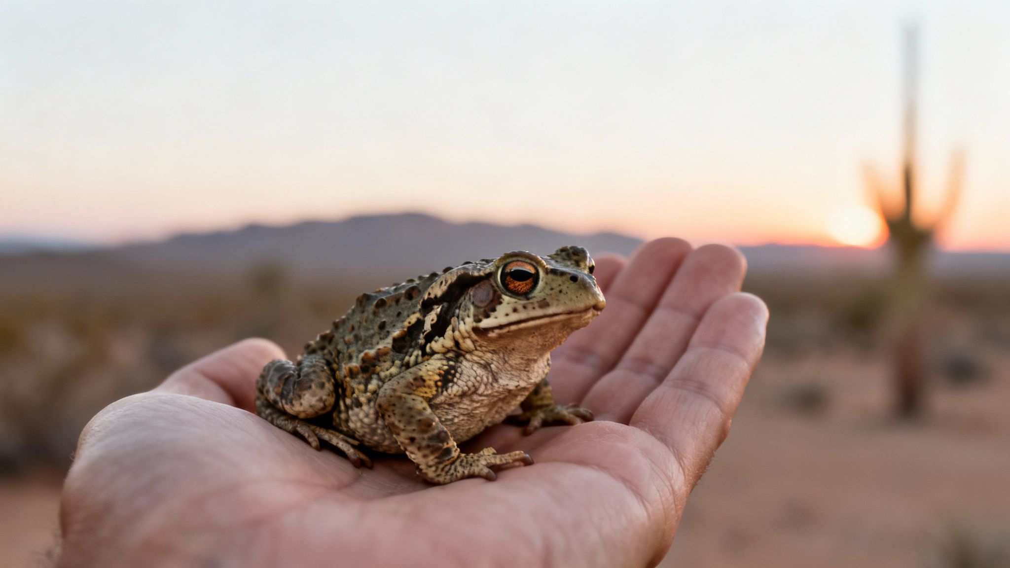 A distinctively patterned toad with orange eyes rests on a person's open hand at desert sunset.