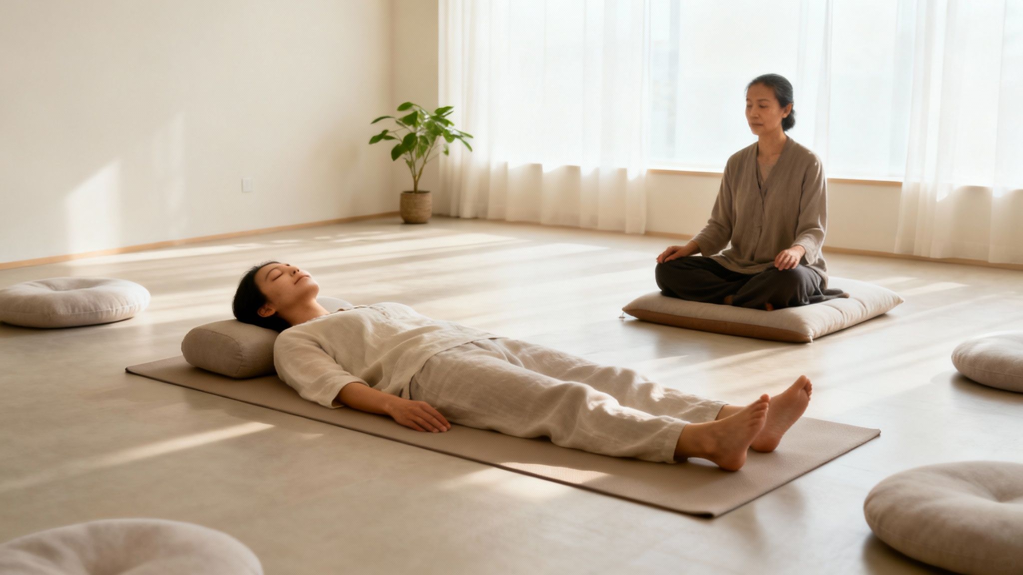Two women meditating and relaxing in a bright, sunlit studio with yoga mats and cushions.