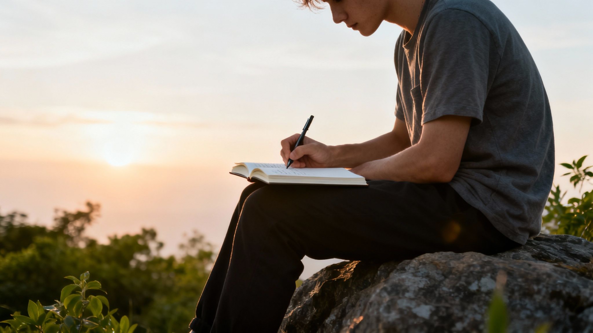 A young person sits on a rock, writing in a notebook during a serene sunset.