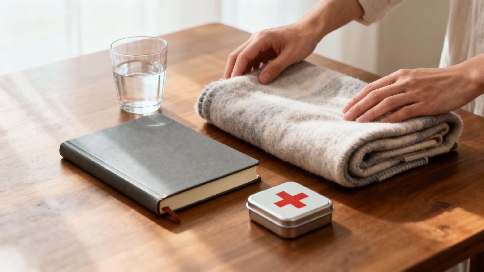 Hands folding a soft blanket on a table with a book, water, and first aid kit.