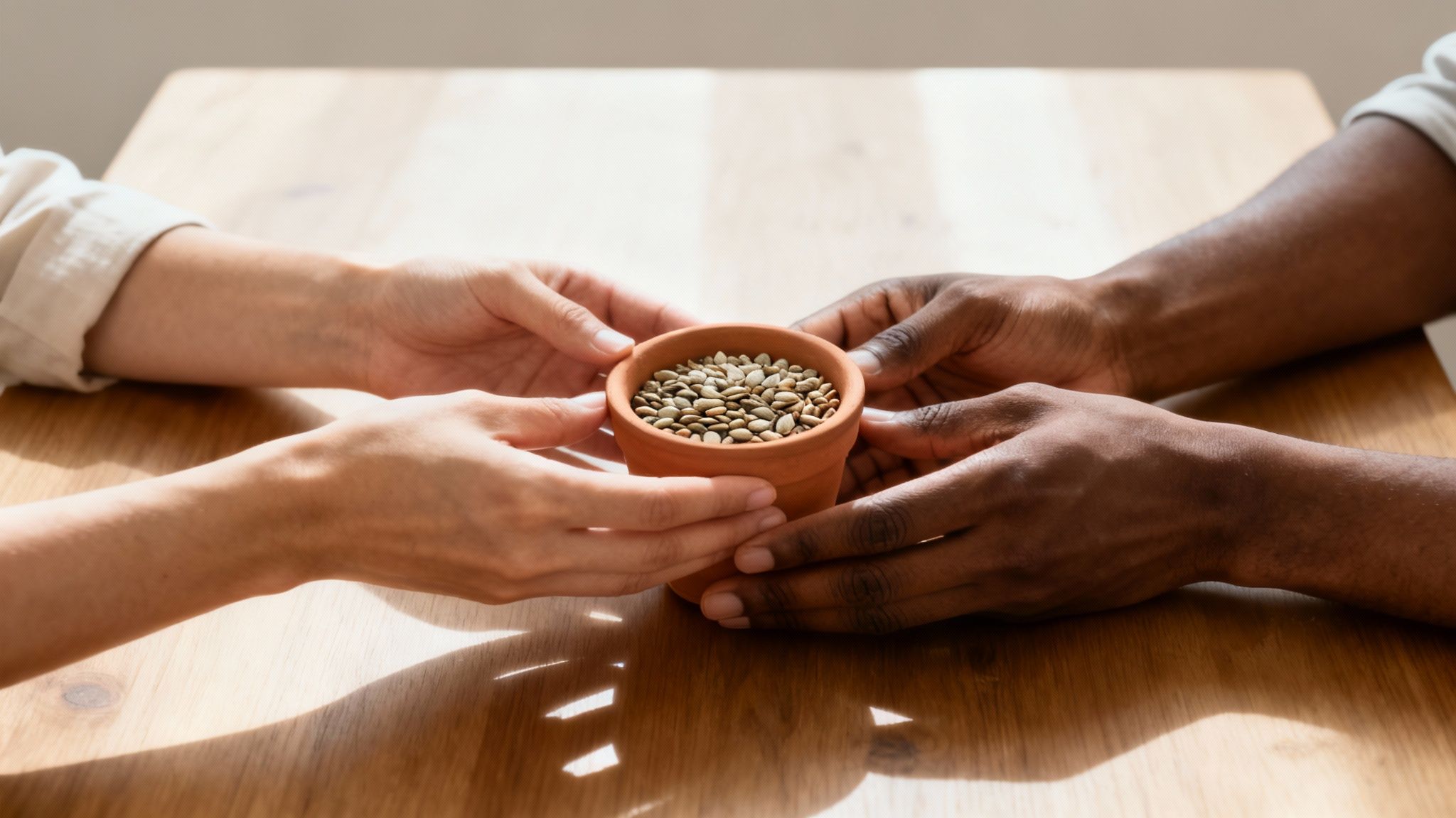 Diverse hands holding a small terracotta pot filled with plant seeds on a wooden table.