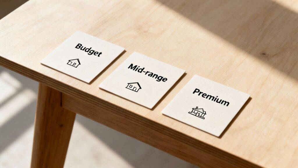 Three white cards on a wooden table display "Budget," "Mid-range," and "Premium" with house icons.