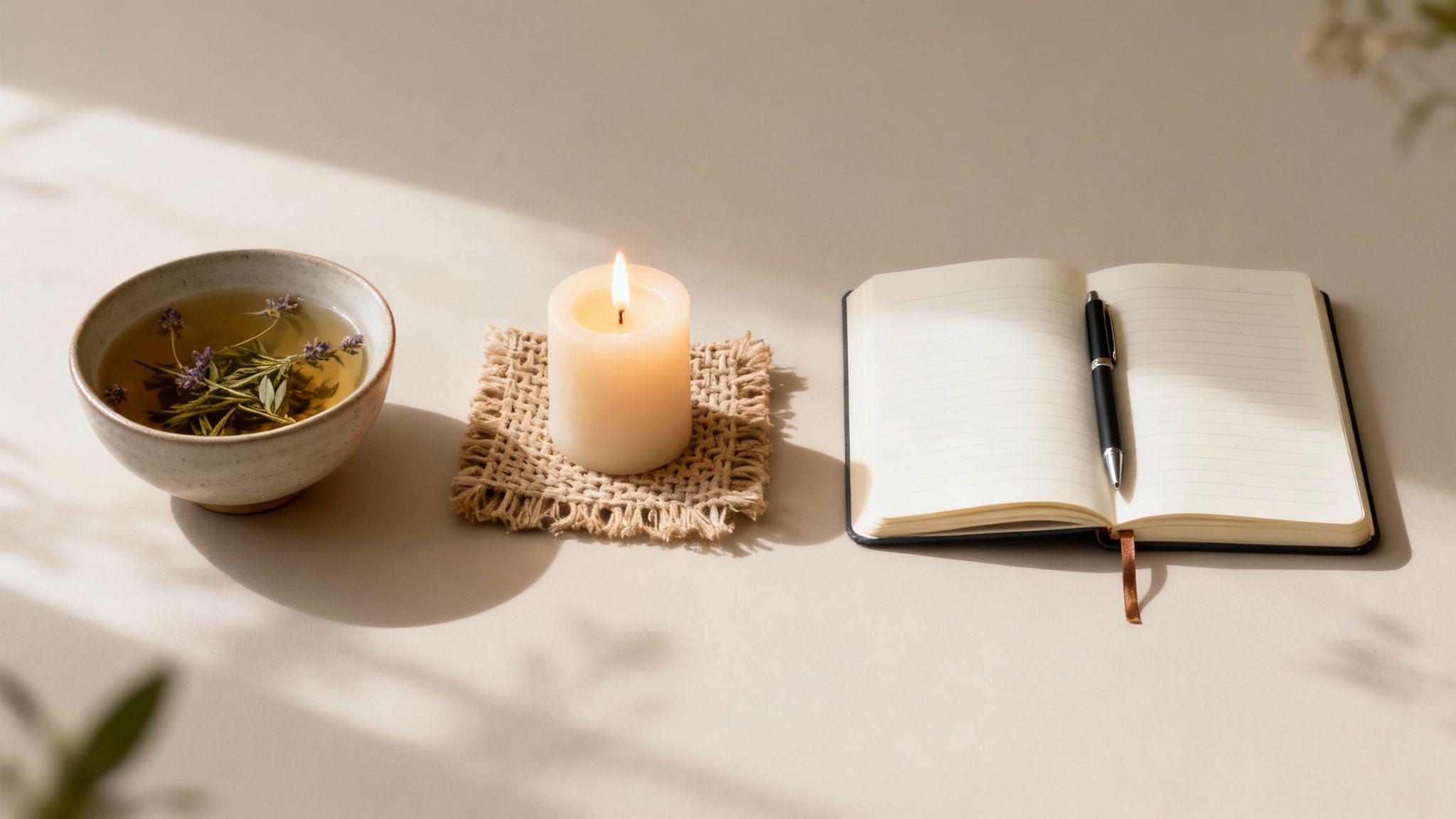 A serene setting with herbal tea, a lit candle, and an open notebook for journaling.