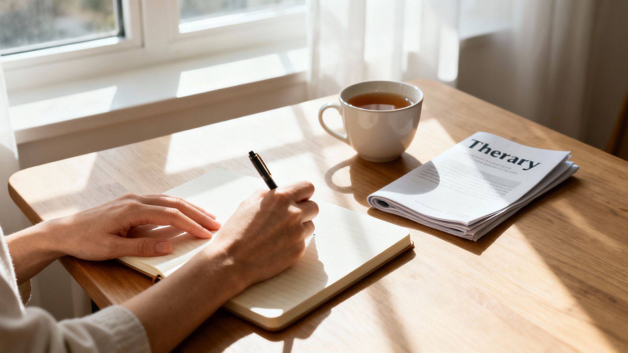 A person writing in a notebook on a sunny wooden desk with a cup of tea and 'Therapy' papers.