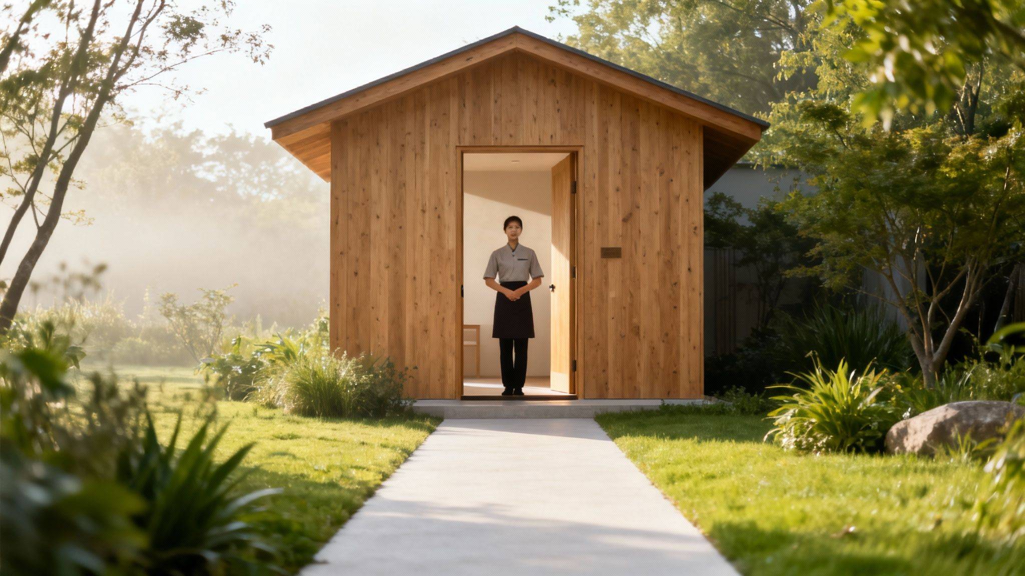 A staff member stands welcomingly in the doorway of a modern wooden cabin amidst a lush garden.