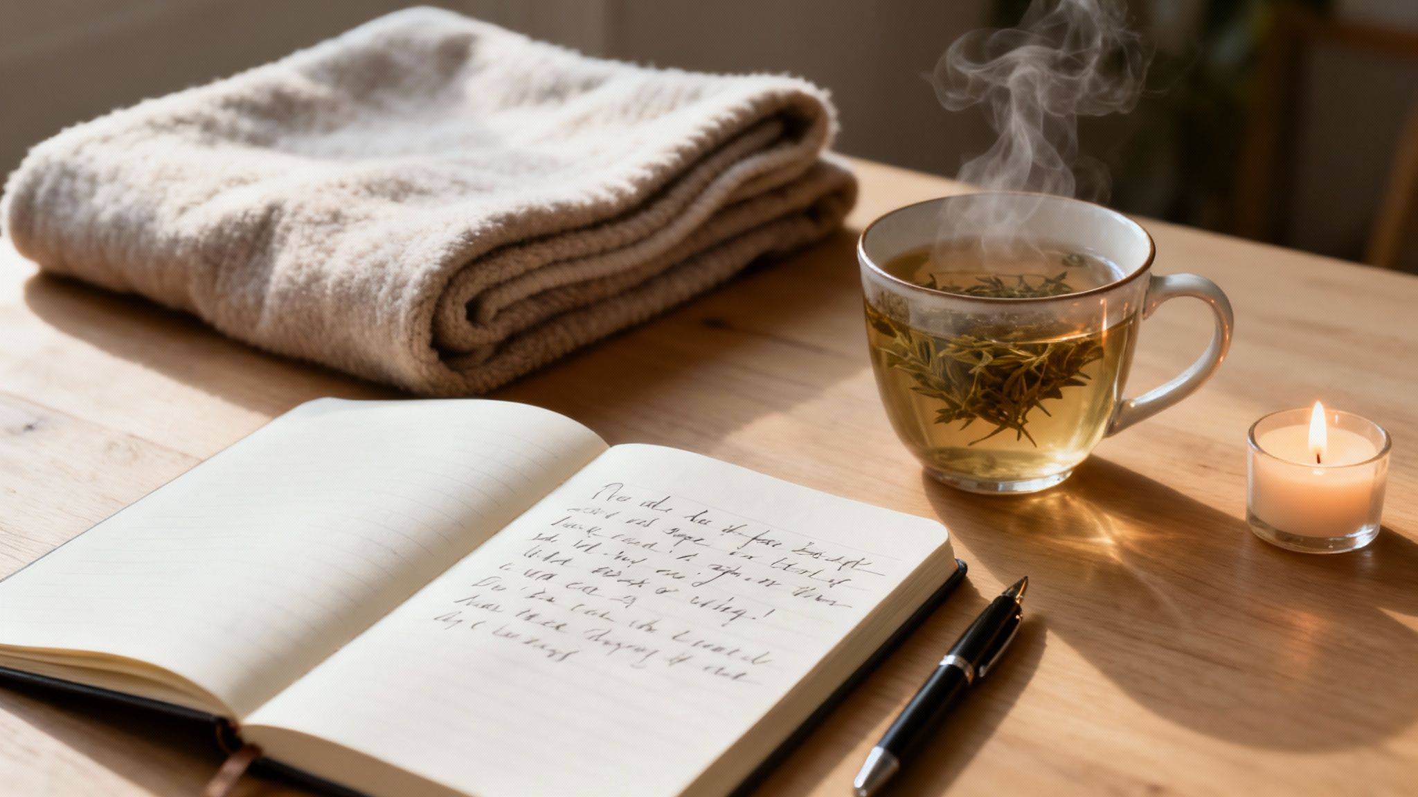 A cozy scene with steaming herbal tea, an open journal, and a lit candle on a wooden table.