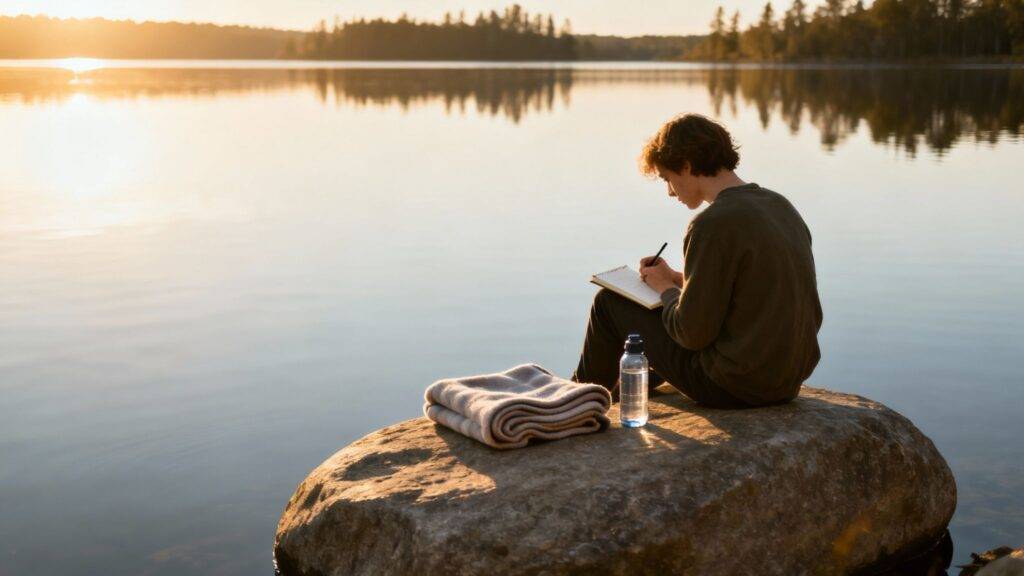 A young person writing in a notebook on a rock by a serene lake at golden hour.
