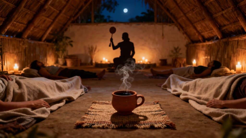 People relax in a candlelit room with a steaming cup, while a silhouetted figure leads a spiritual ceremony.