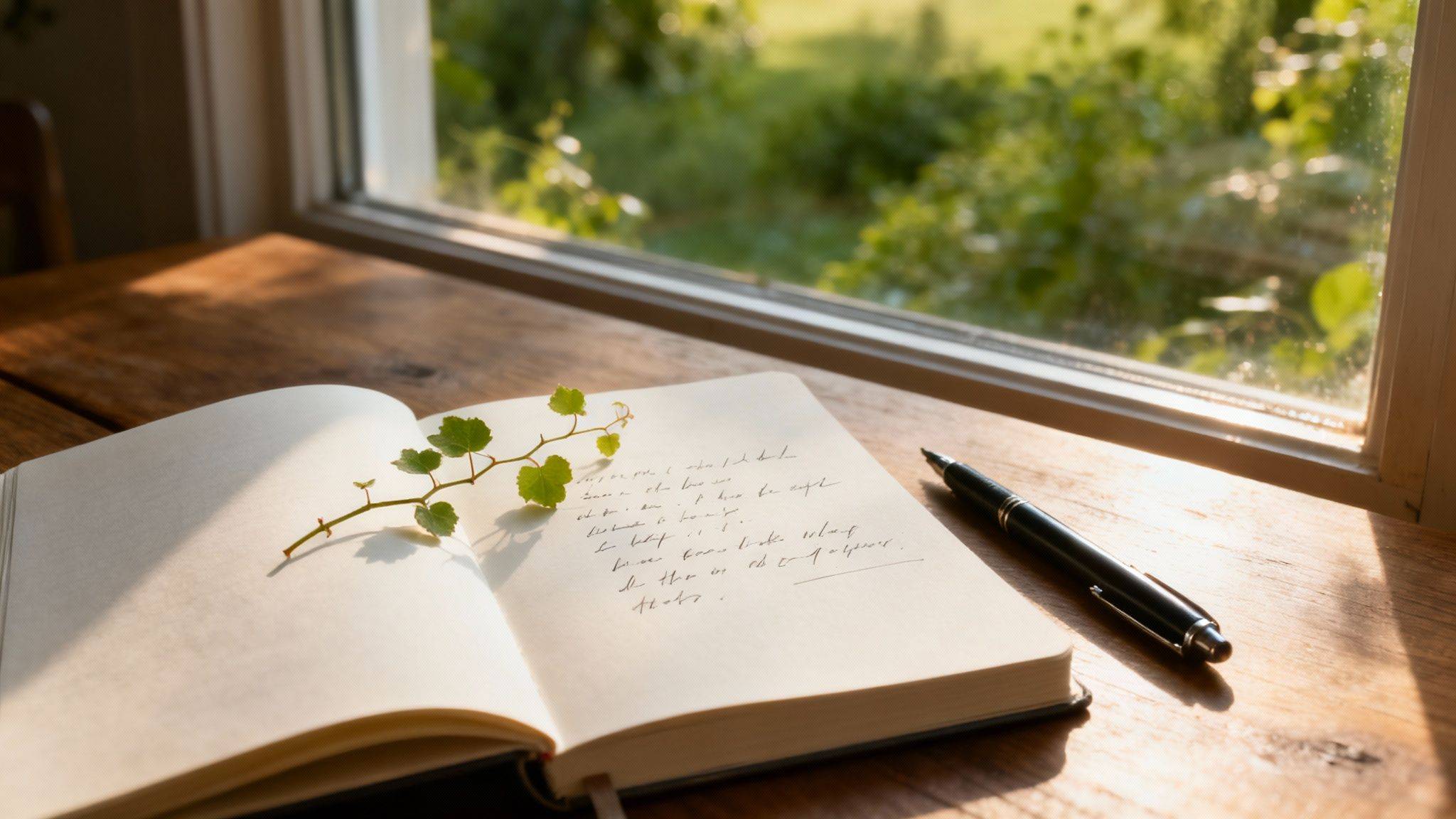 An open notebook with a green vine and handwritten notes, beside a pen on a sunlit wooden table.