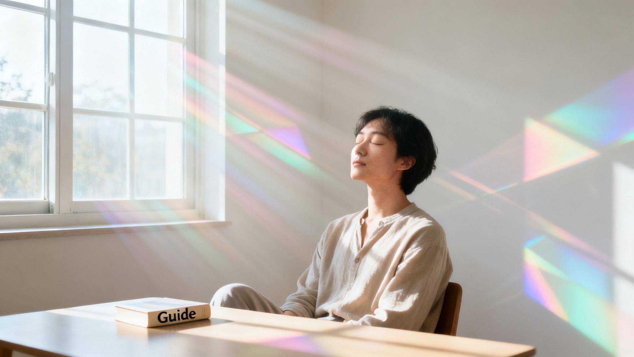 A person with closed eyes sits peacefully at a table, bathed in colorful window light with a 'Guide' book.