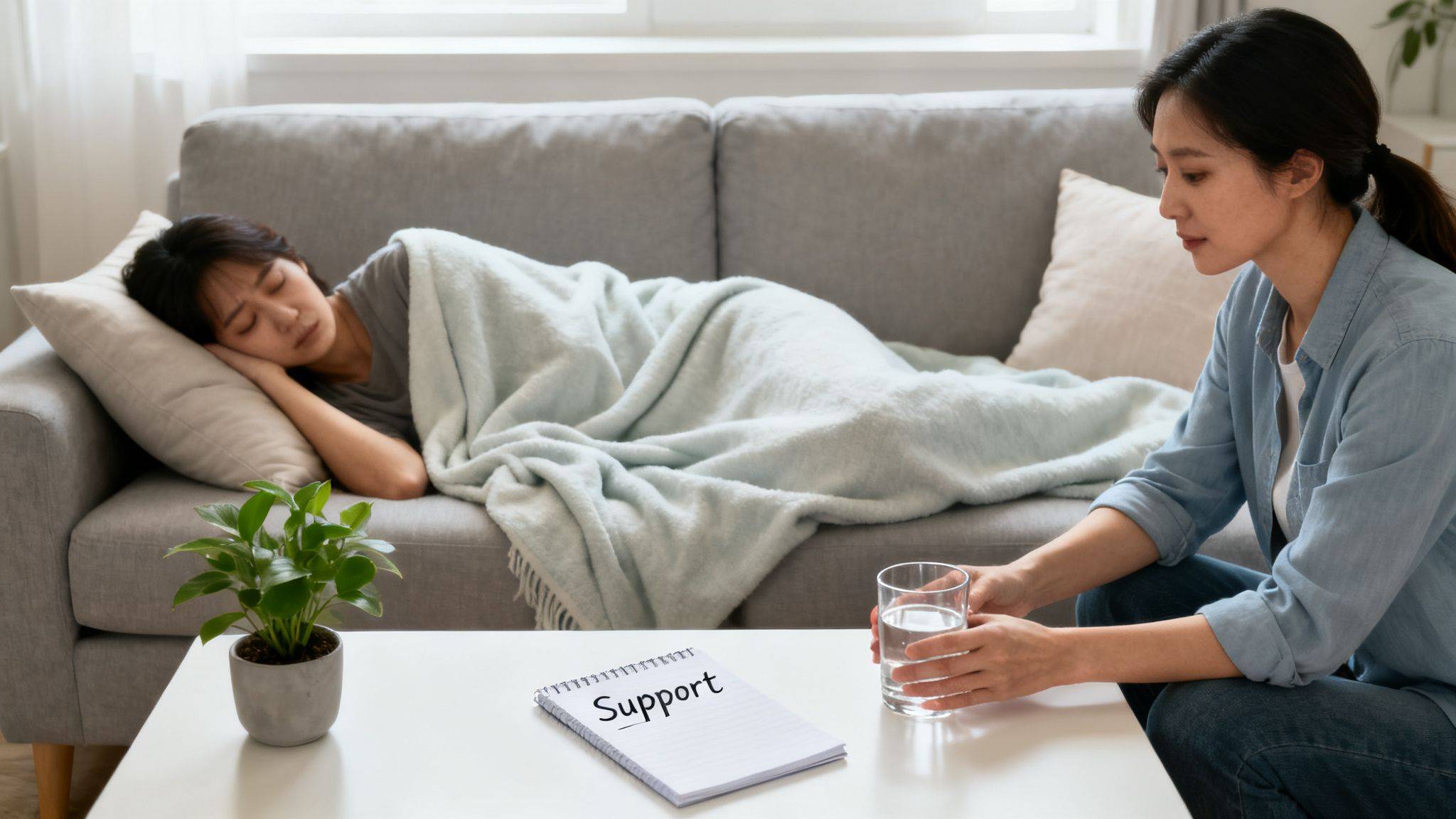 A woman sleeps on a couch under a blanket while another woman offers support with water and a notepad.