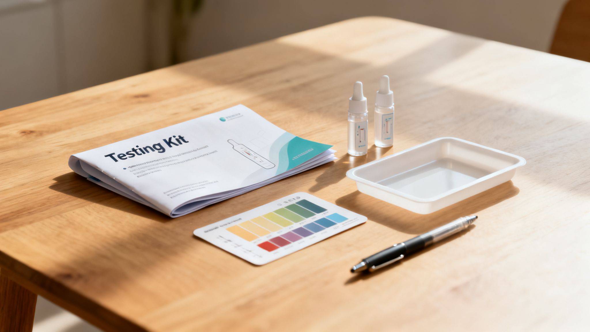 A home testing kit, including instructions, liquid vials, a color chart, and a pen on a wooden table.