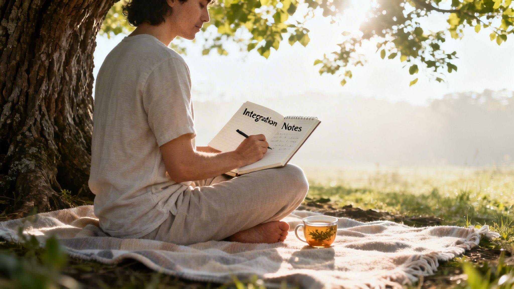 A person sits peacefully under a tree, writing 'Integration Notes' in a journal with a cup of tea.