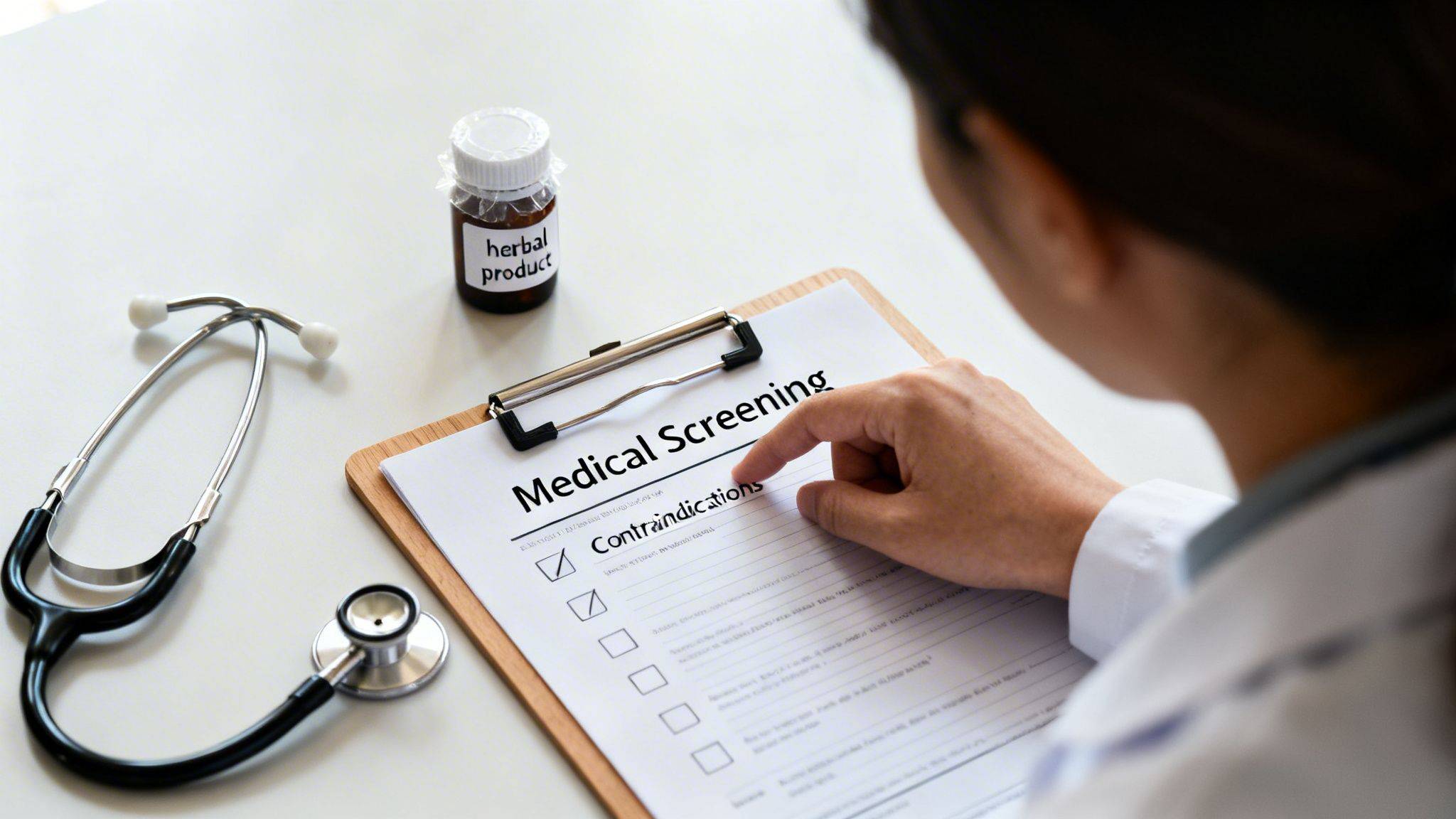 A doctor reviews a medical screening form with 'Contraindications' checked, alongside a stethoscope and a bottle of herbal product.